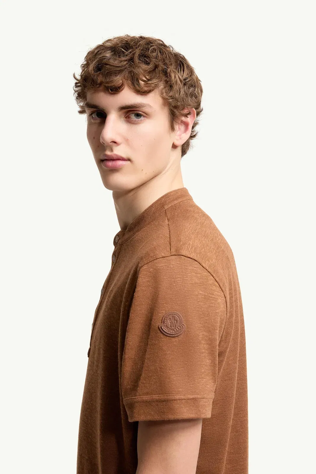 Moncler Cotton & Linen Blend Polo Shirt Light Brown Light Brown