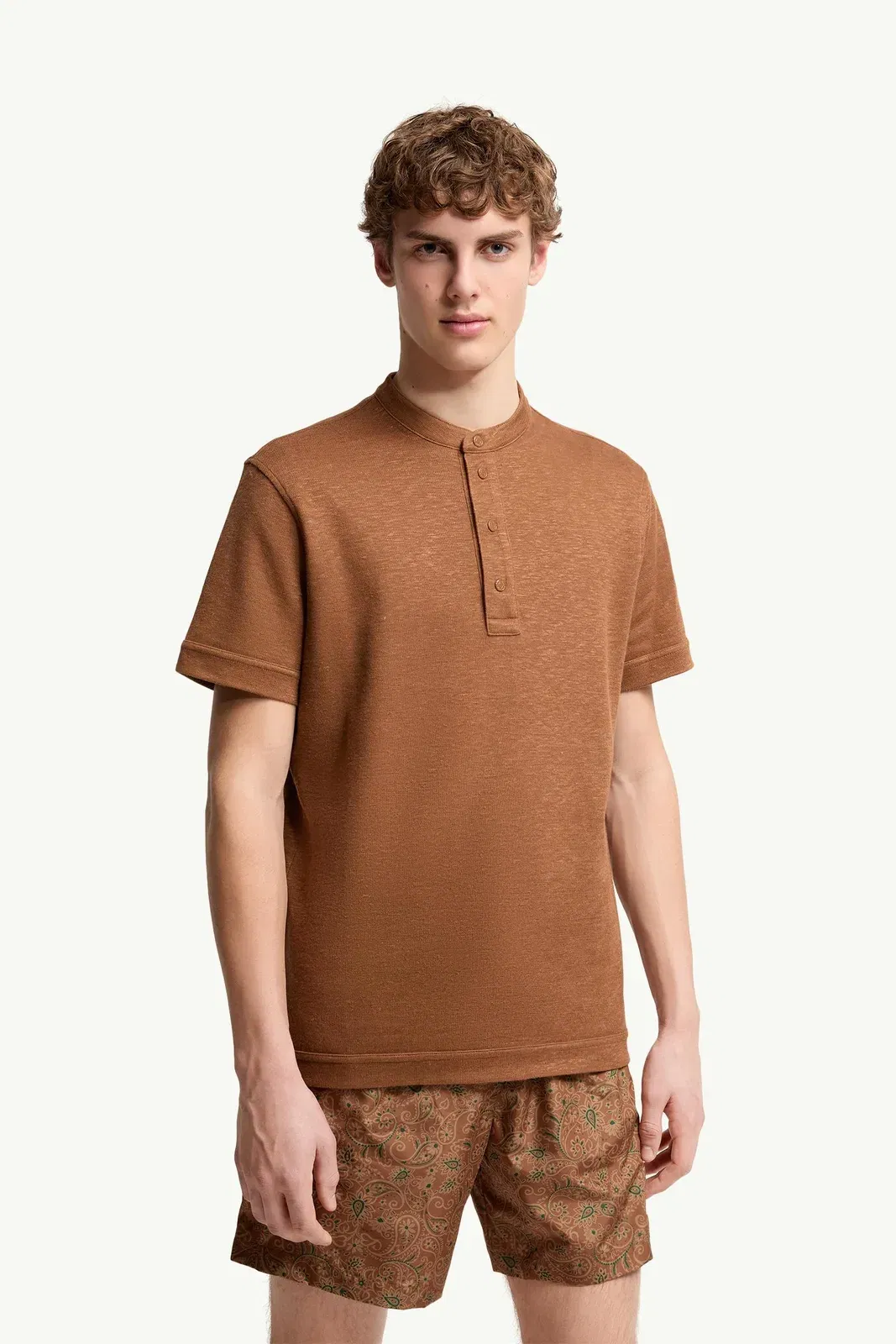 Moncler Cotton & Linen Blend Polo Shirt Light Brown Light Brown