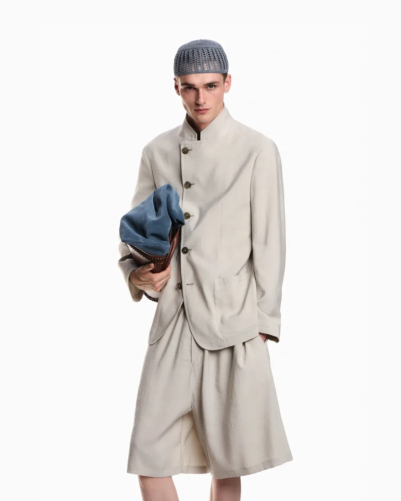 Emporio Armani Icon guru-collar jacket with off-centre fastening in peach-feel canvas