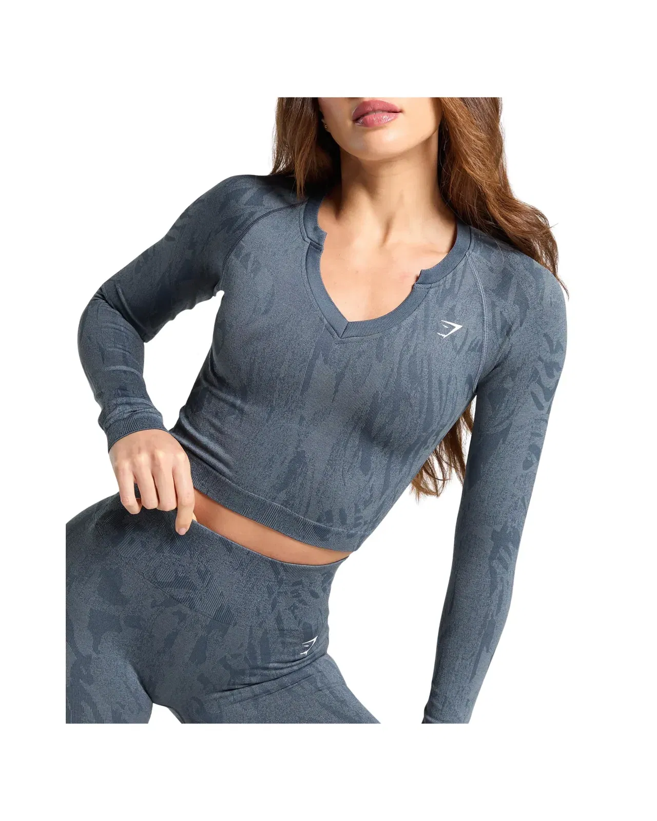 Gymshark Adapt Camo Seamless Long Sleeve Top Body fit Titanium Blue/Denim Grey
