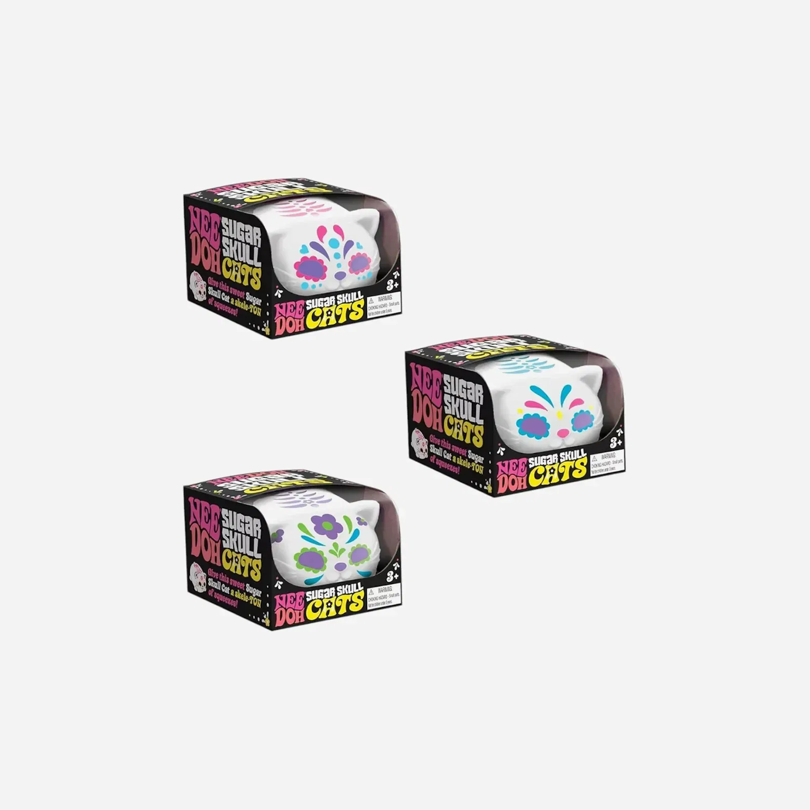 NeeDoh Sugar Skull Cool Cats Squishy Fidget Toy Set of 3 Blue Pink Green