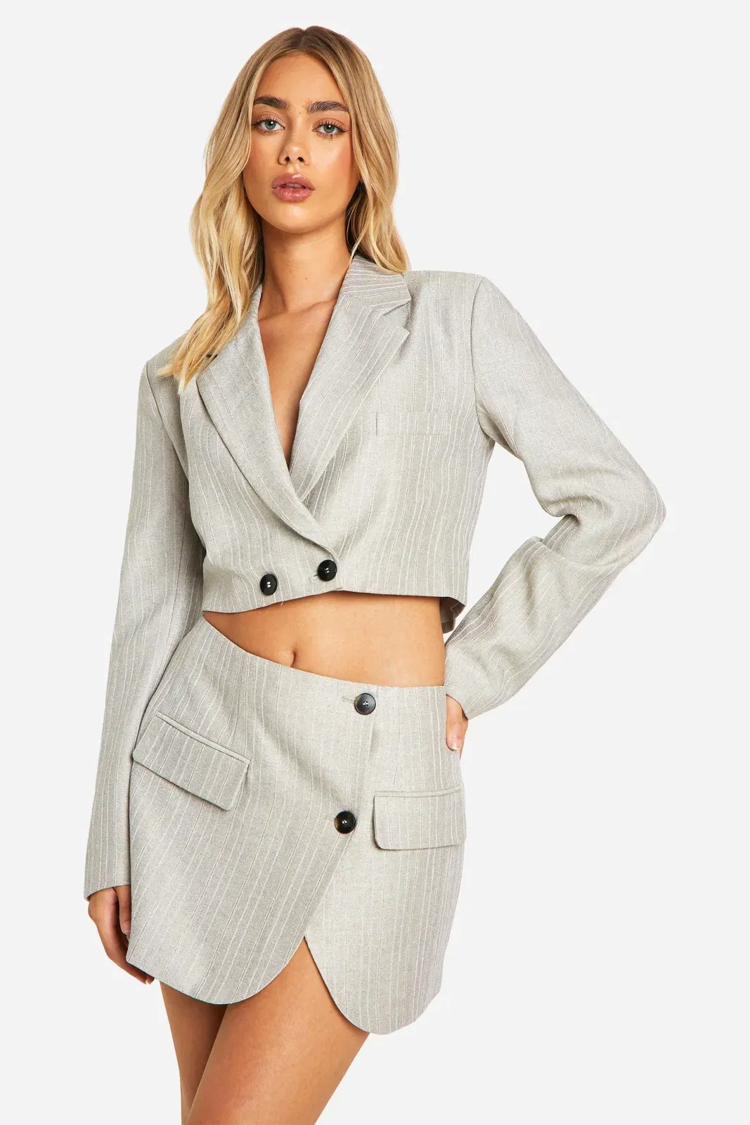 Premium Pinstripe Wrap Front Micro Mini Skirt