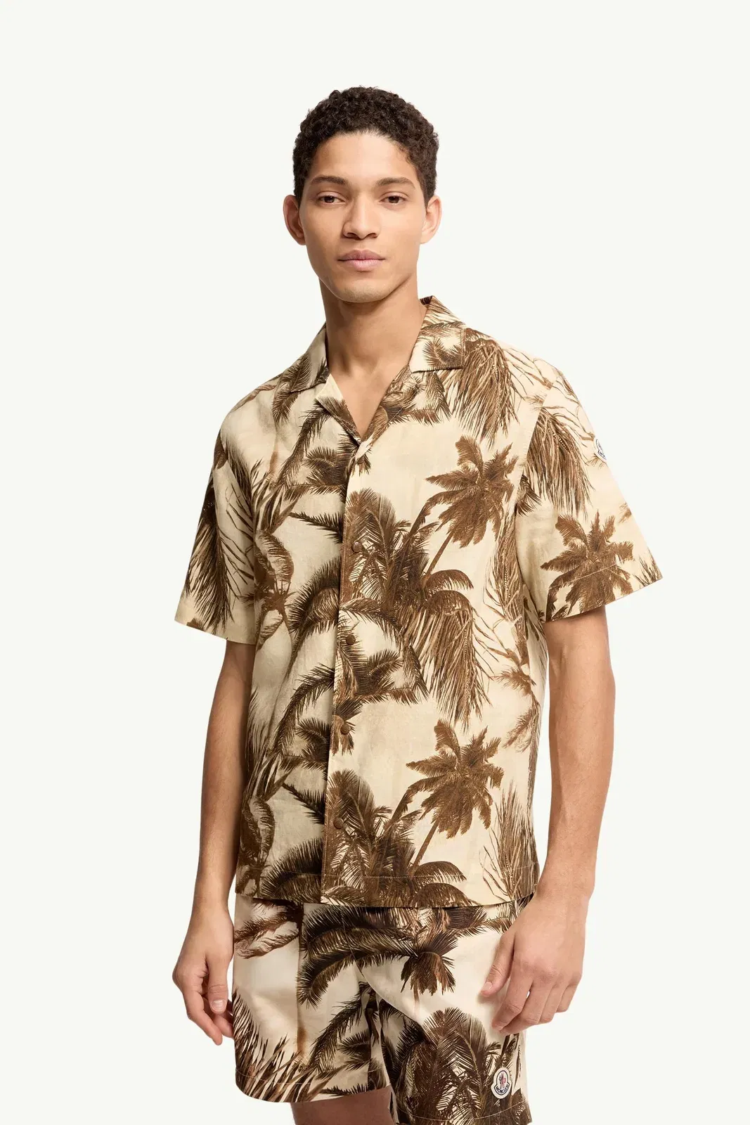 Moncler Cotton & Linen Blend Short Sleeve Shirt Beige & Green Beige & Green