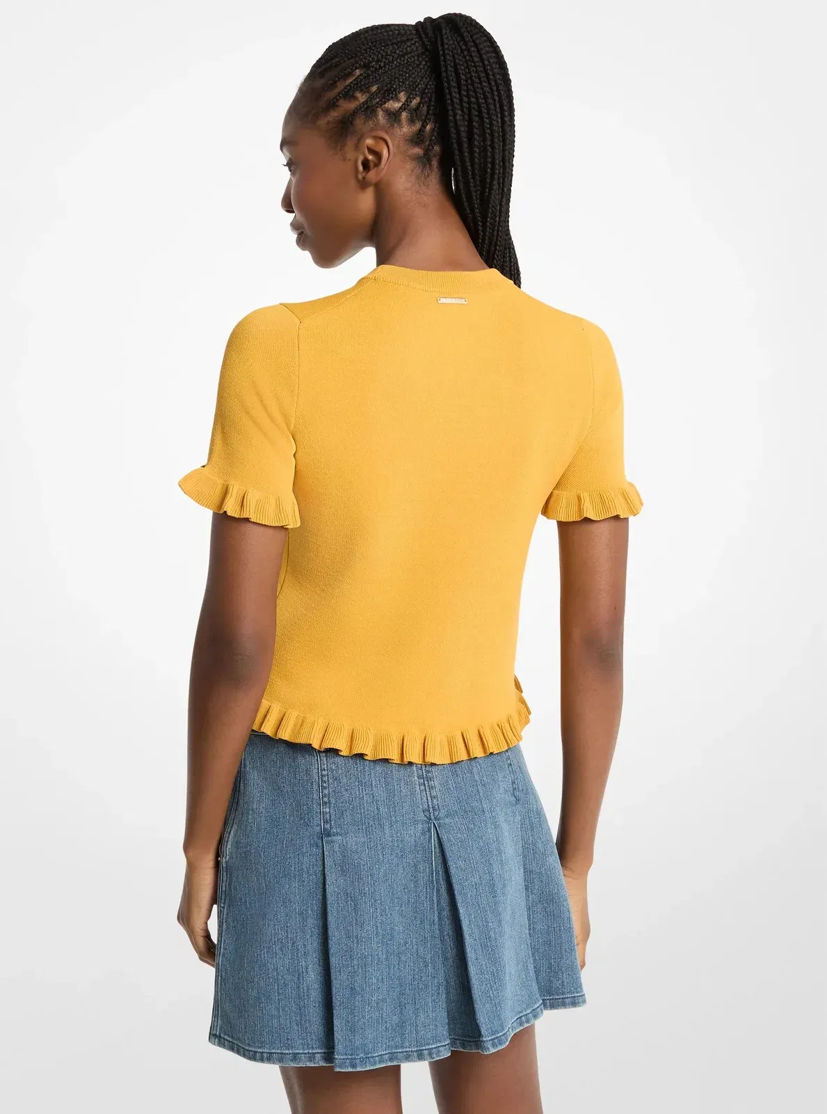 Michael Kors Ruffled Stretch Knit Logo Short-Sleeve Sweater HONEYWHEAT