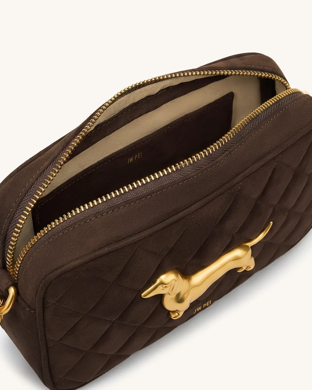 Riley Faux Suede Dachshund Quilted Shoulder Bag - Dark Brown