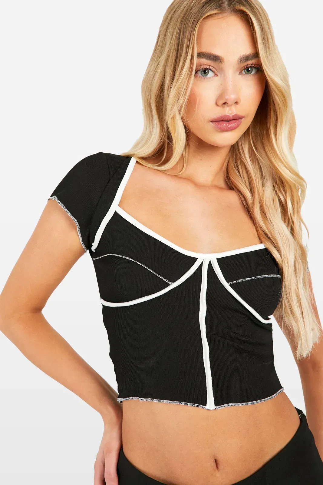 Contrast Exposed Seam Rib Cap Sleeve Corset