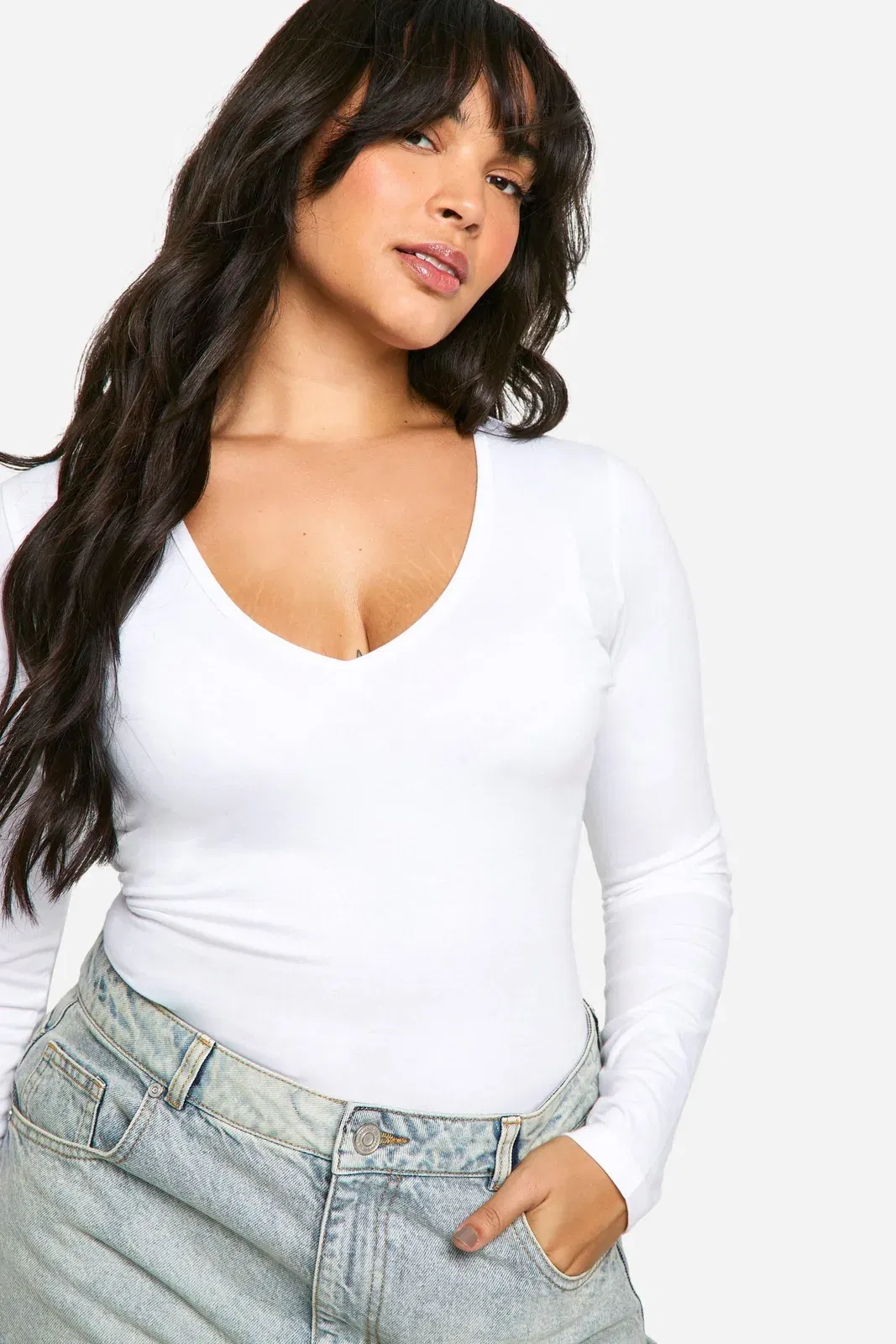 Plus Cotton Plunge Long Sleeve Bodysuit