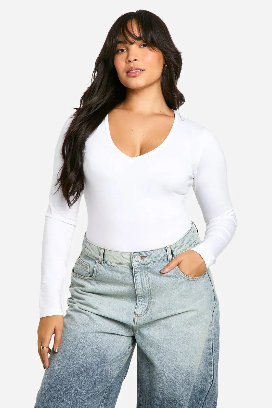 Plus Cotton Plunge Long Sleeve Bodysuit