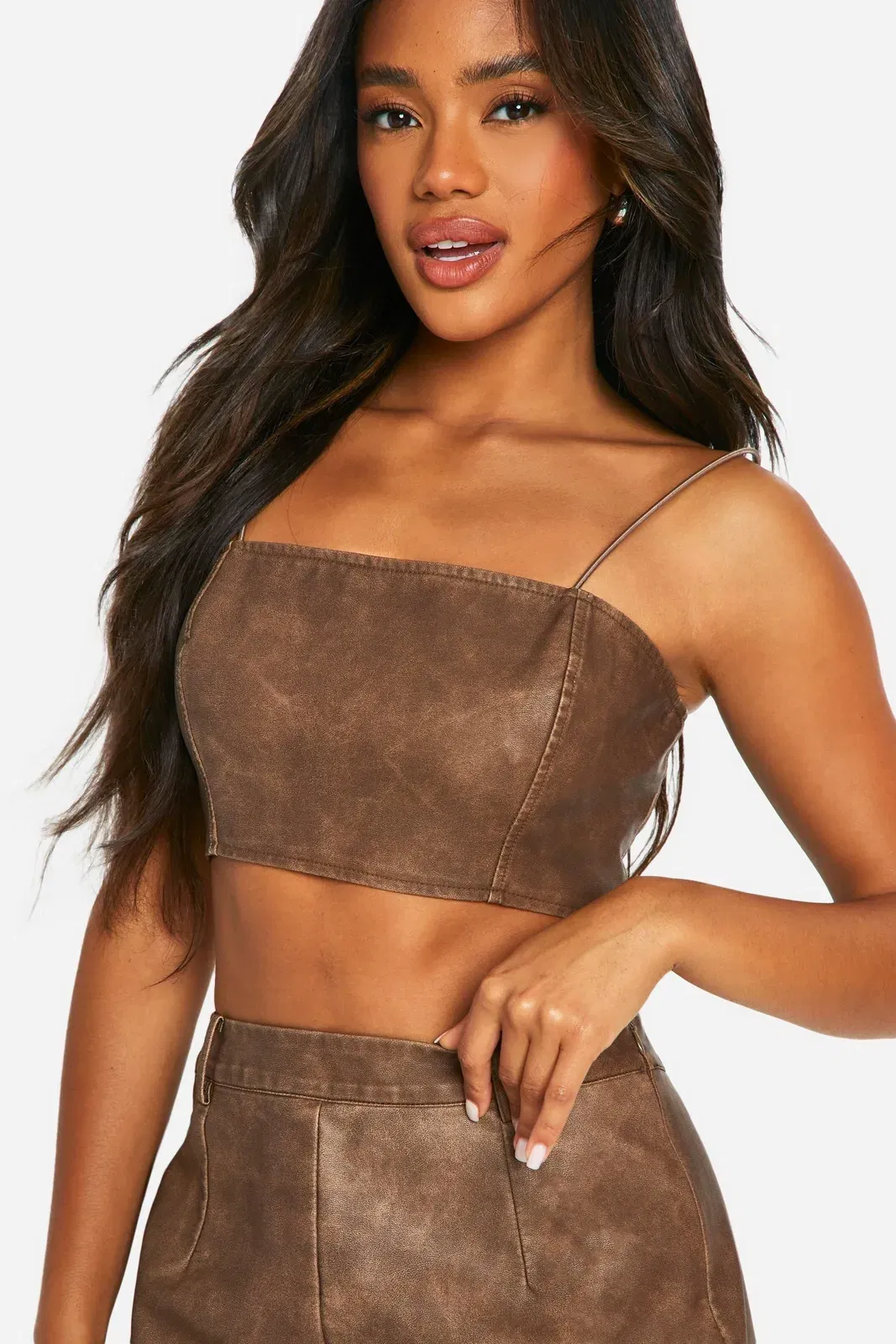 Washed Faux Leather Strappy Crop Top