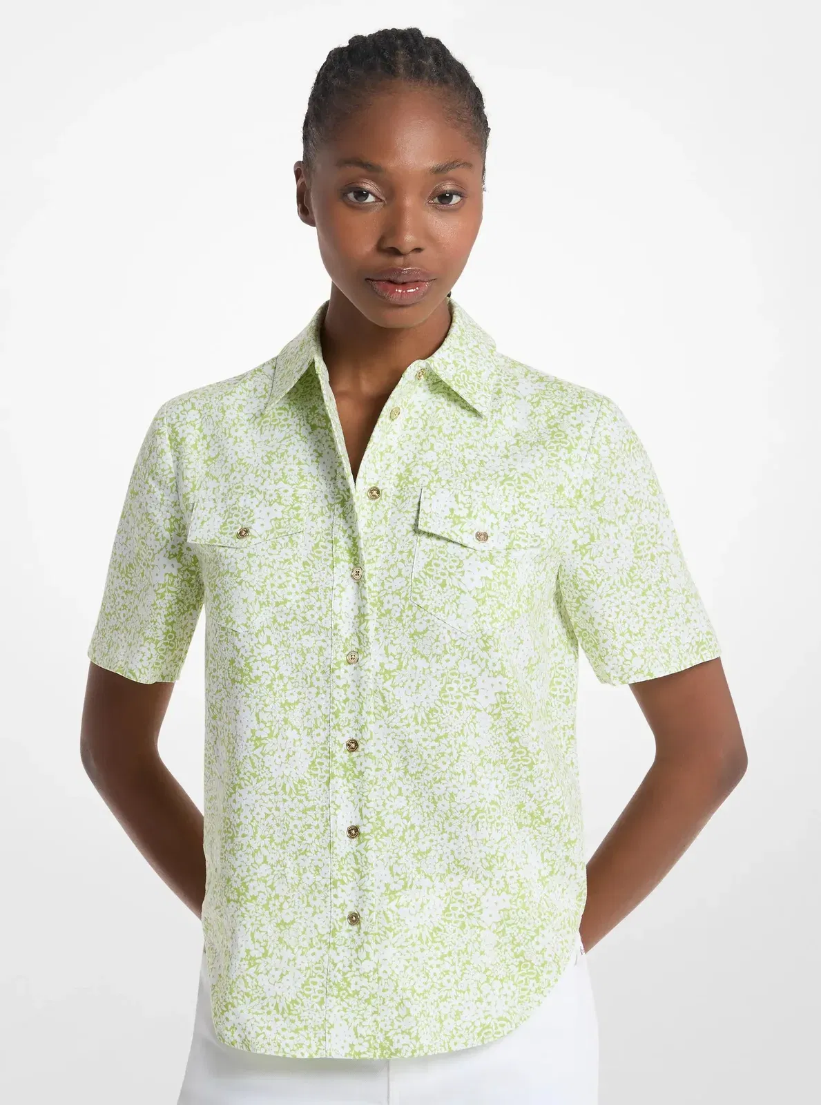 Michael Kors Floral Print Linen Blend Camp Shirt LIME