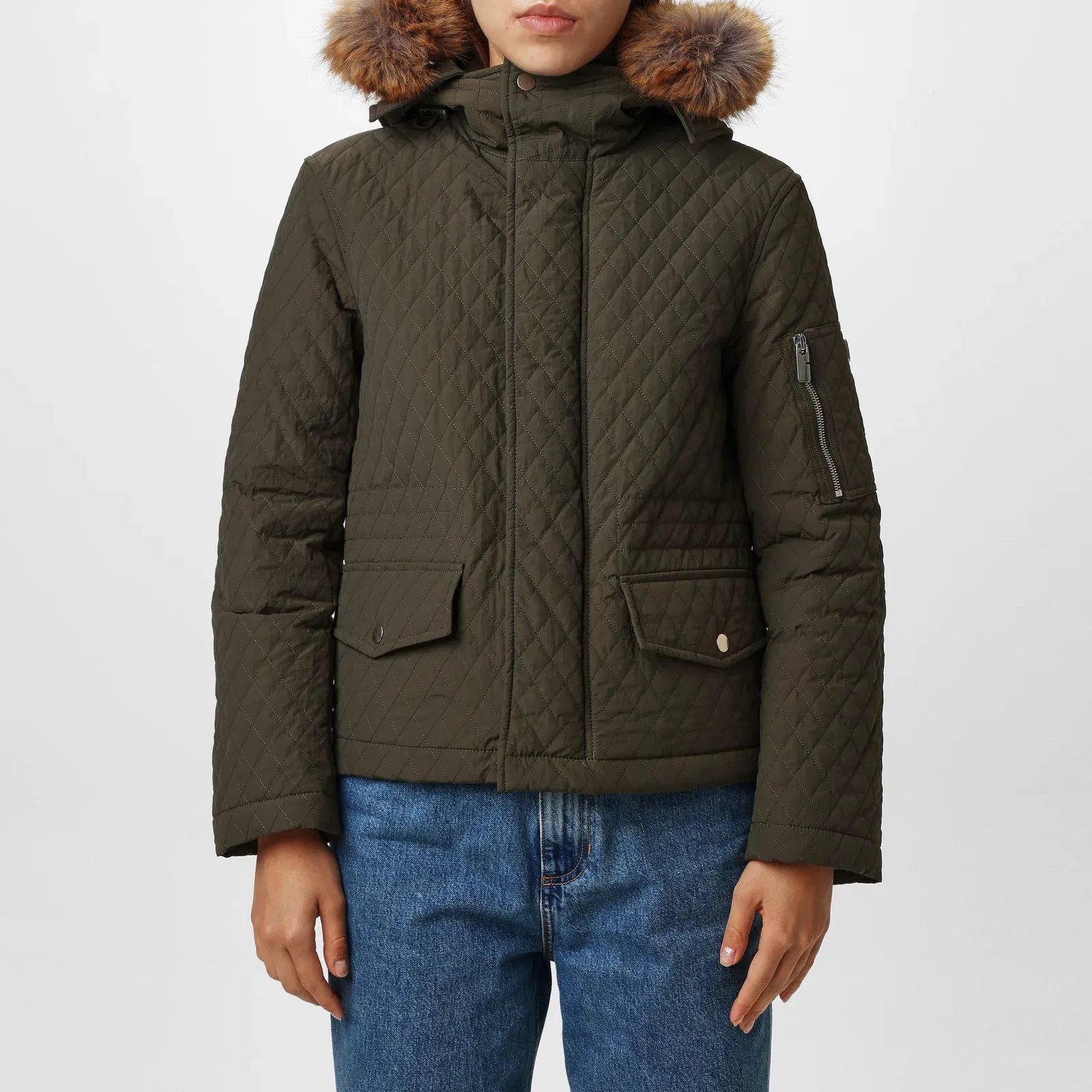 Equestrian Knight Detachable Faux-Fur Trim Hooded Long Sleeve Quilted Jacket