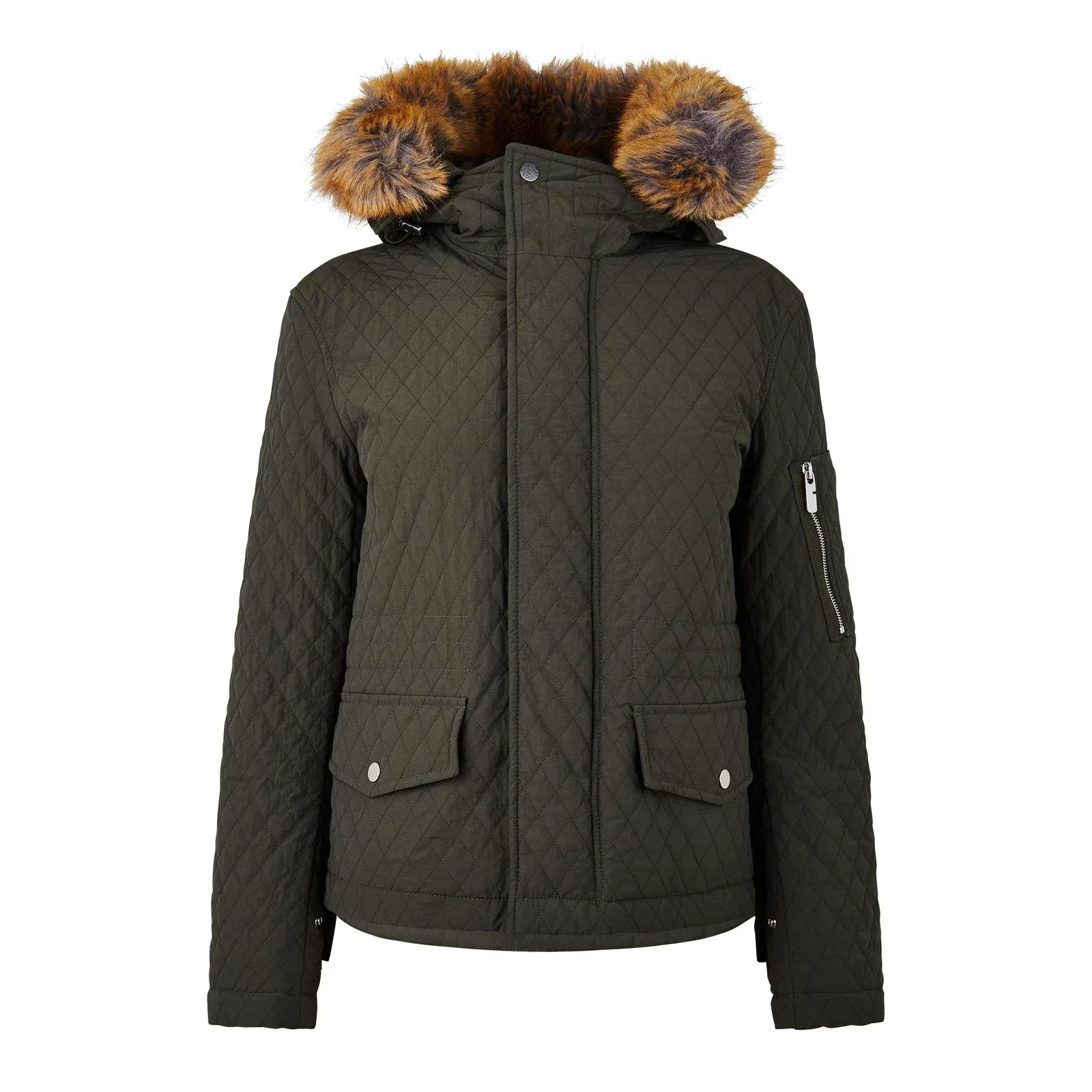 Equestrian Knight Detachable Faux-Fur Trim Hooded Long Sleeve Quilted Jacket
