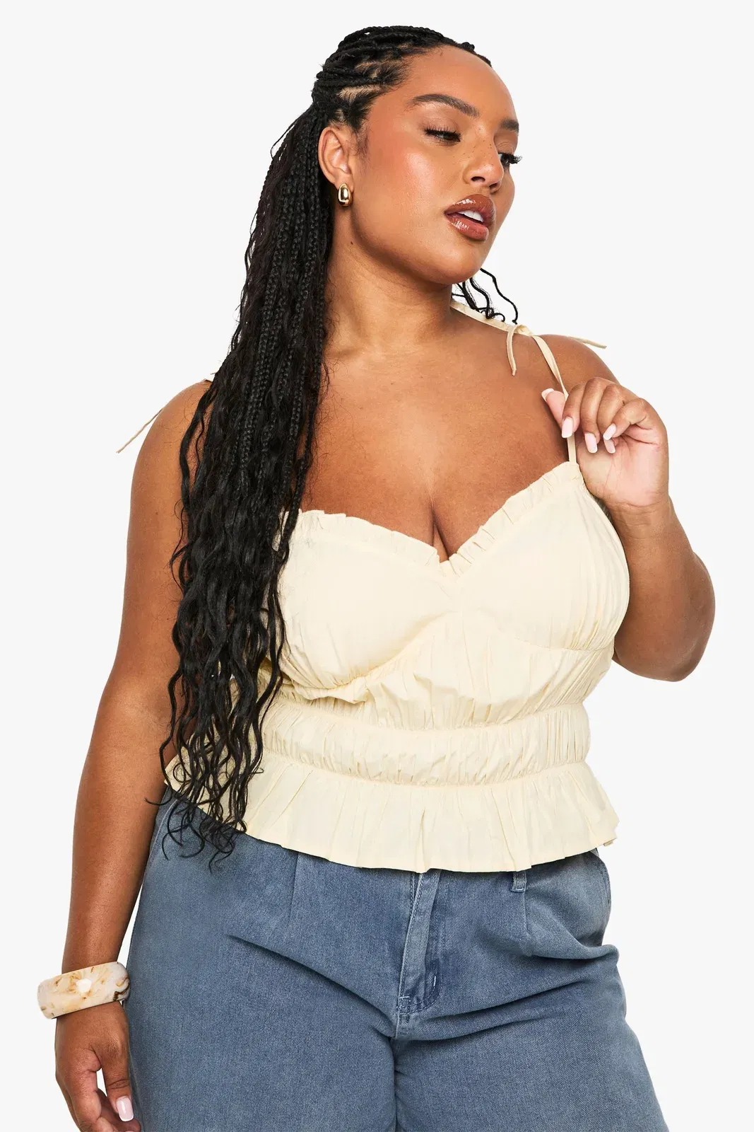 Plus Cotton Shirred Tie Strap Cami Top