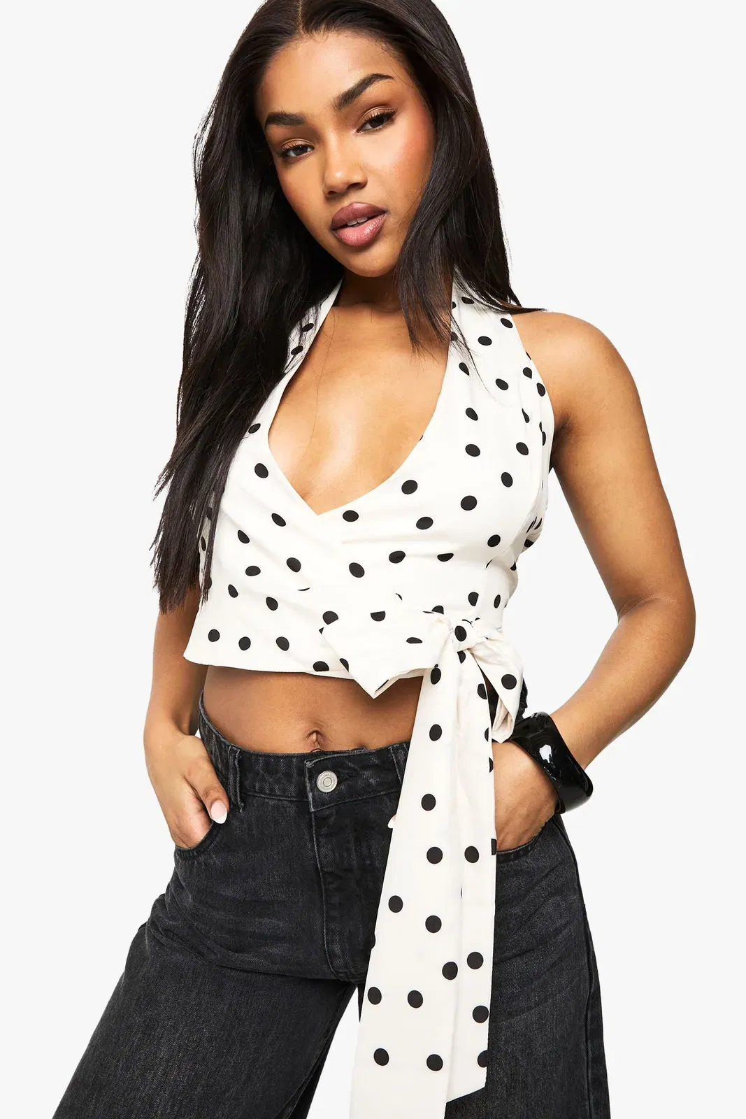 Woven Polka Dot Wrap Top