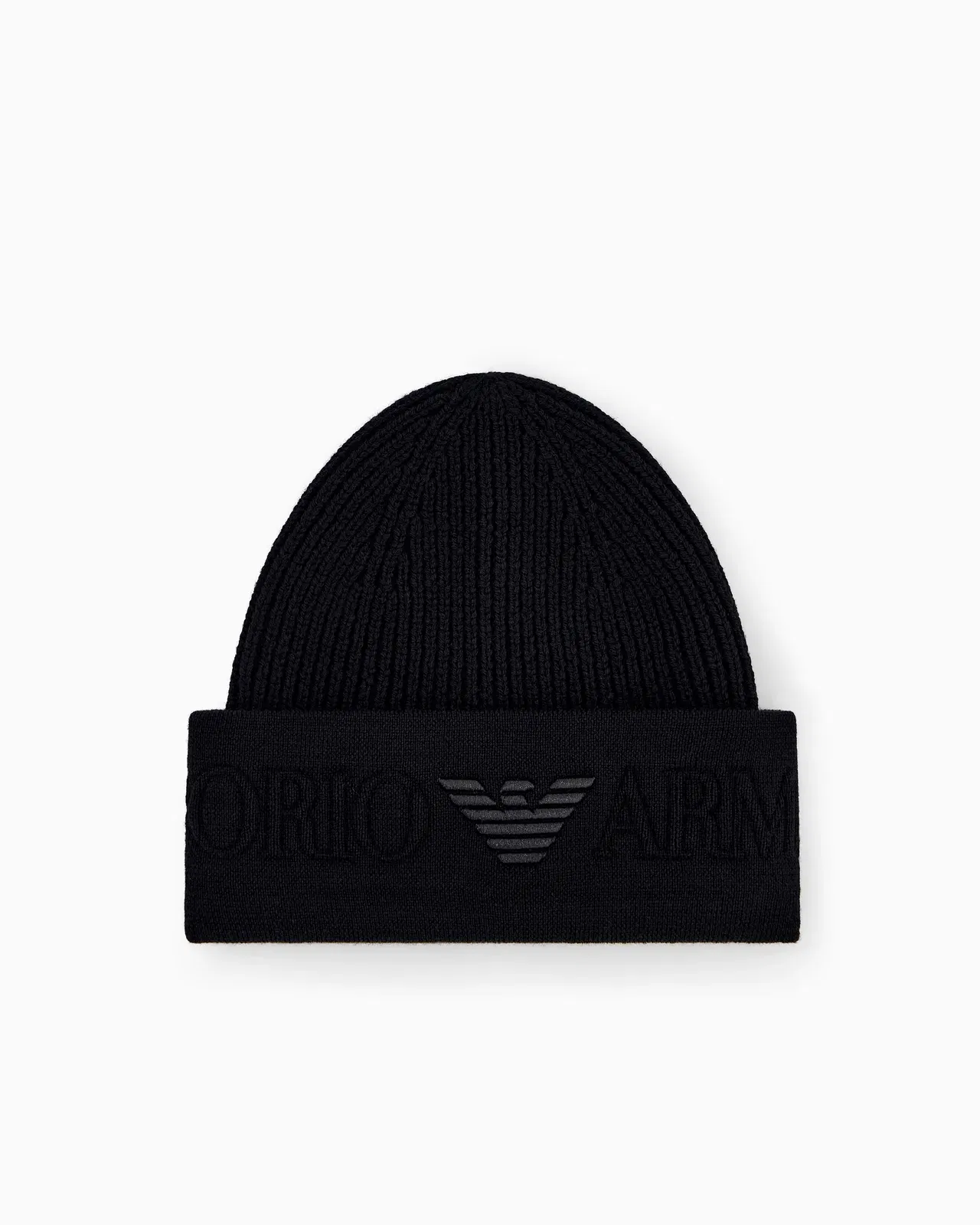 Emporio Armani Beanie hat in ribbed virgin wool with embossed logo on cuff