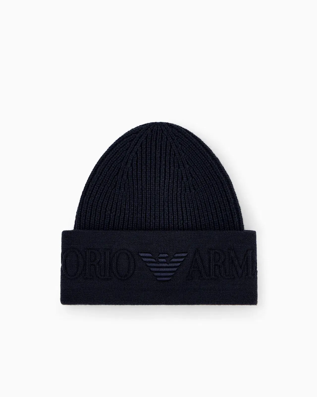 Emporio Armani Beanie hat in ribbed virgin wool with embossed logo on cuff