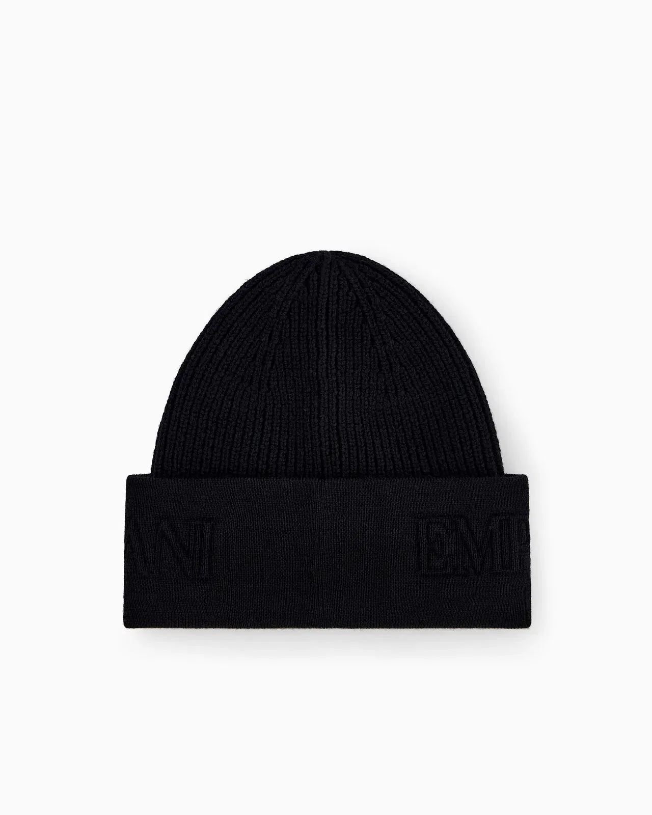 Emporio Armani Beanie hat in ribbed virgin wool with embossed logo on cuff