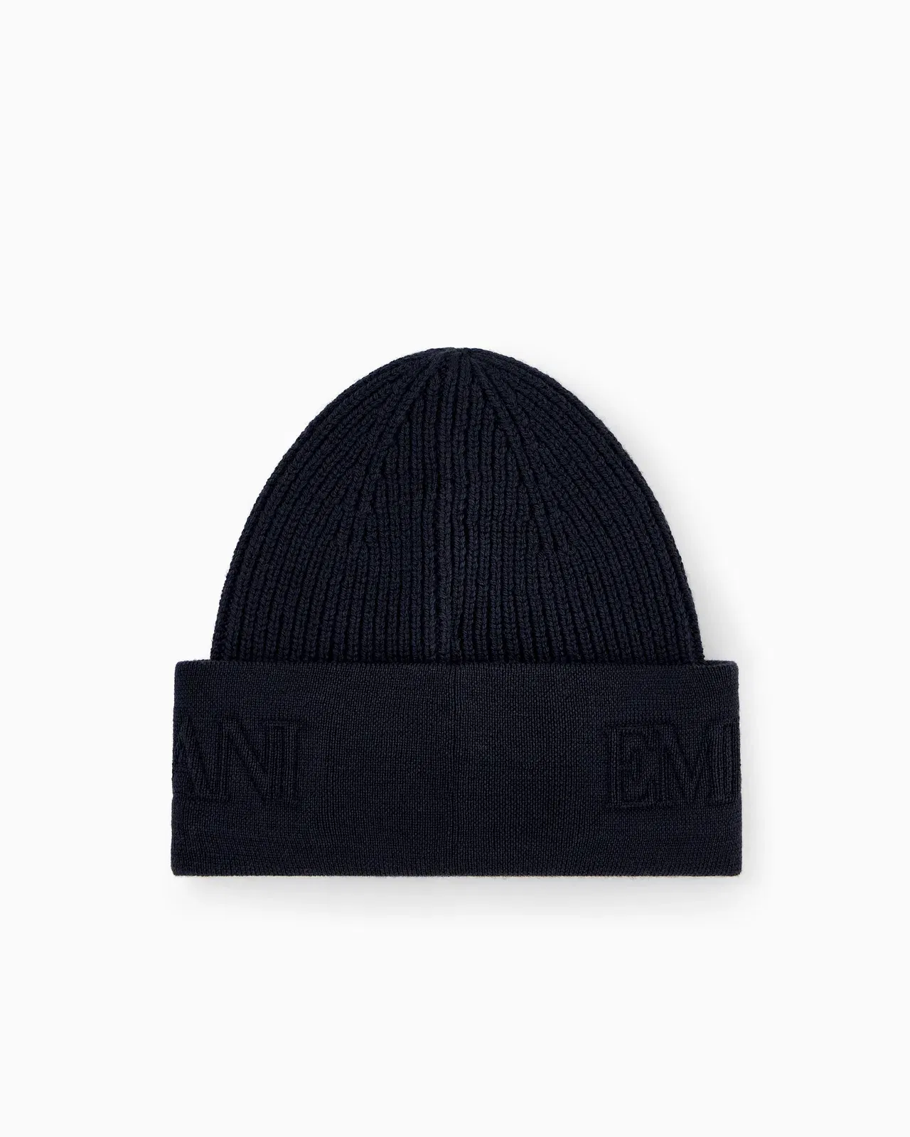 Emporio Armani Beanie hat in ribbed virgin wool with embossed logo on cuff
