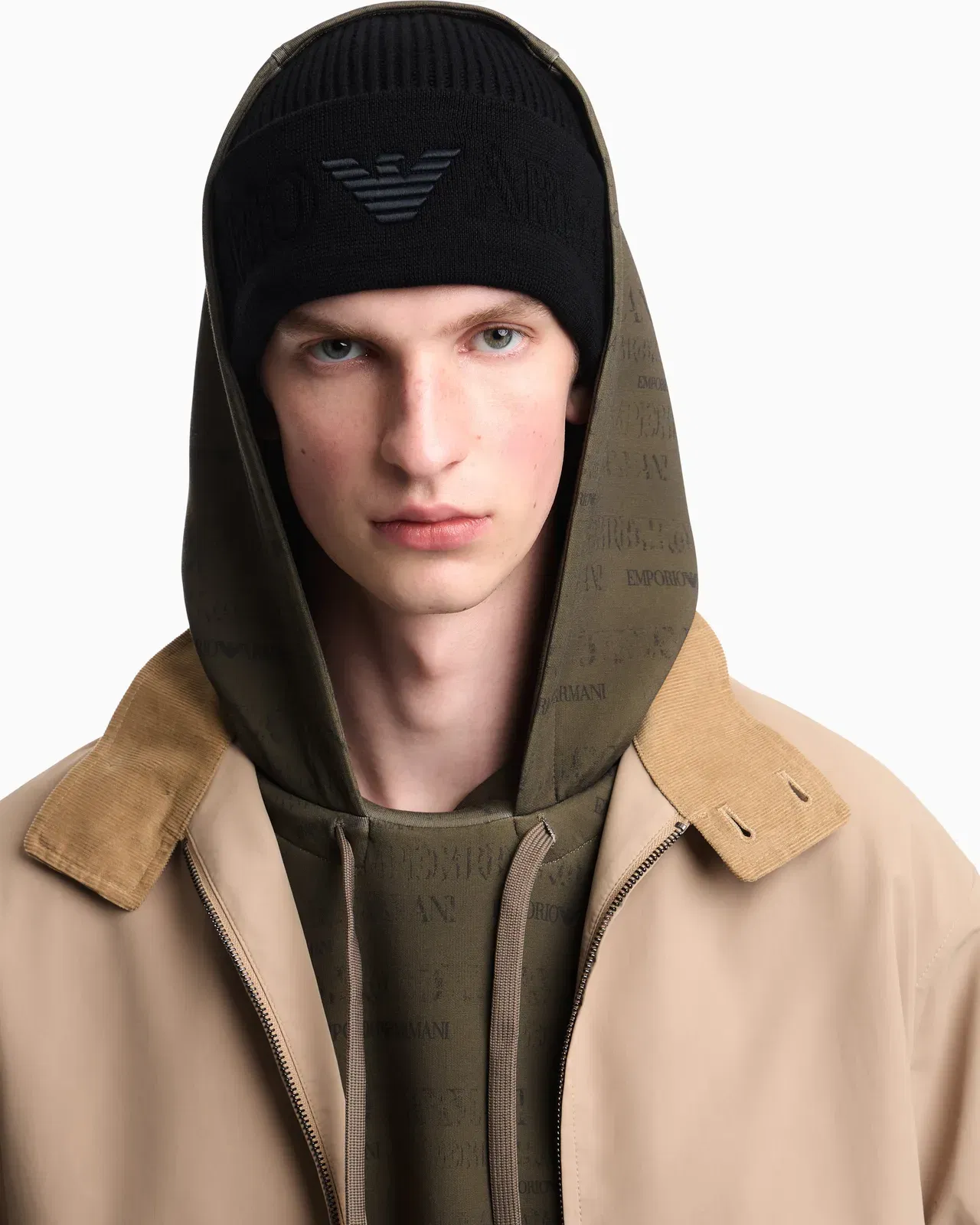 Emporio Armani Beanie hat in ribbed virgin wool with embossed logo on cuff