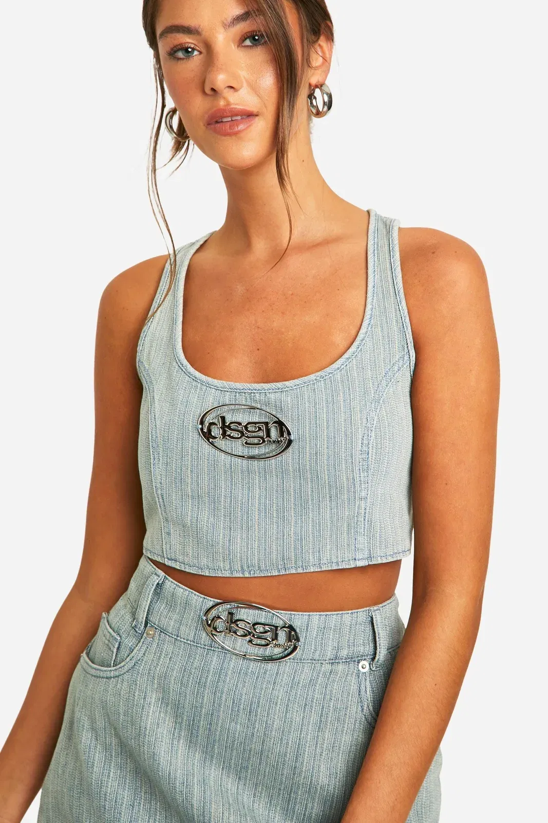 DSGN Studio Badge Vintage Tint Stripe Denim Crop Top