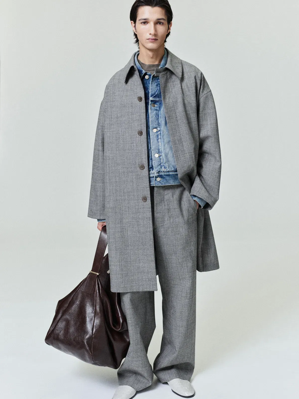 Essentials Mouline Wool Relaxed Trench Coat Off White/Black