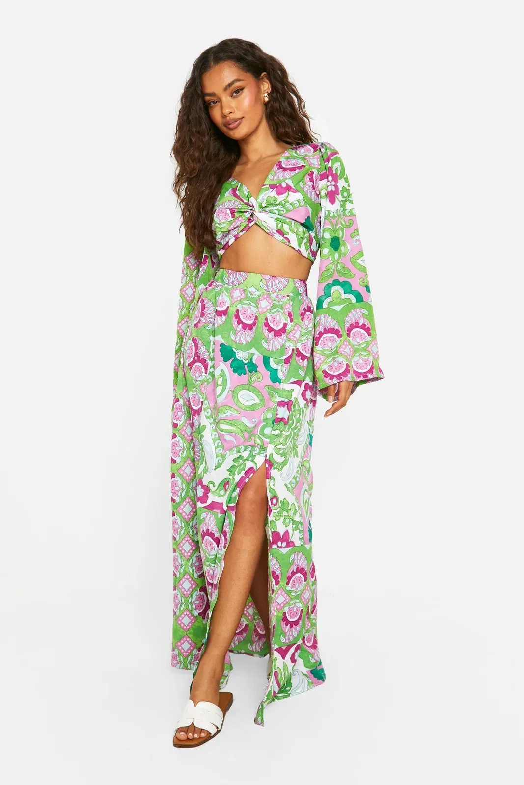 Mixed Print Split Front Maxi Skirt