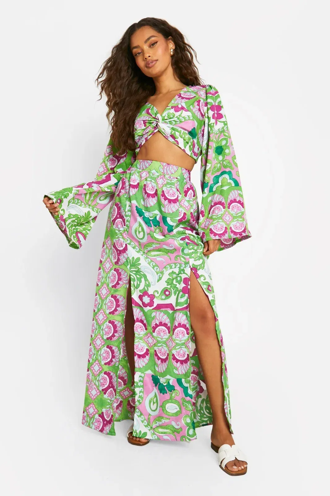 Mixed Print Split Front Maxi Skirt