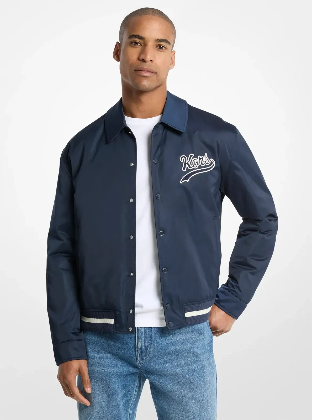 Michael Kors KORS Matte Satin Varsity Jacket MIDNIGHT