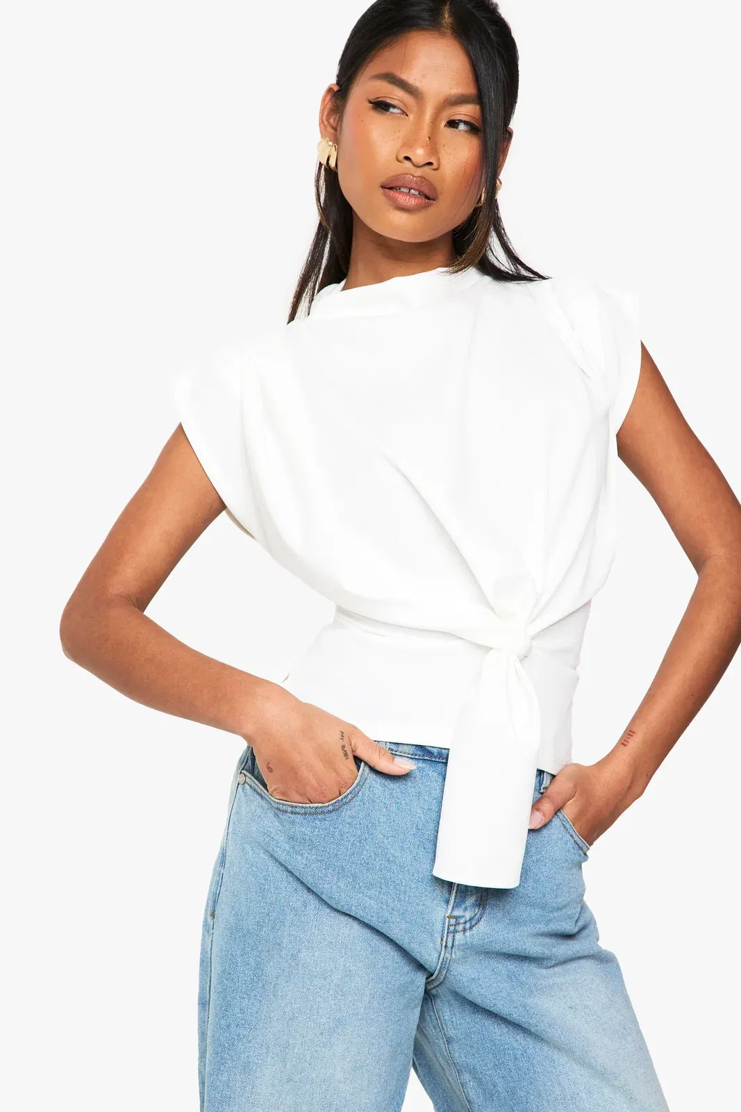 Crepe Knot Cowl Neck Blouse