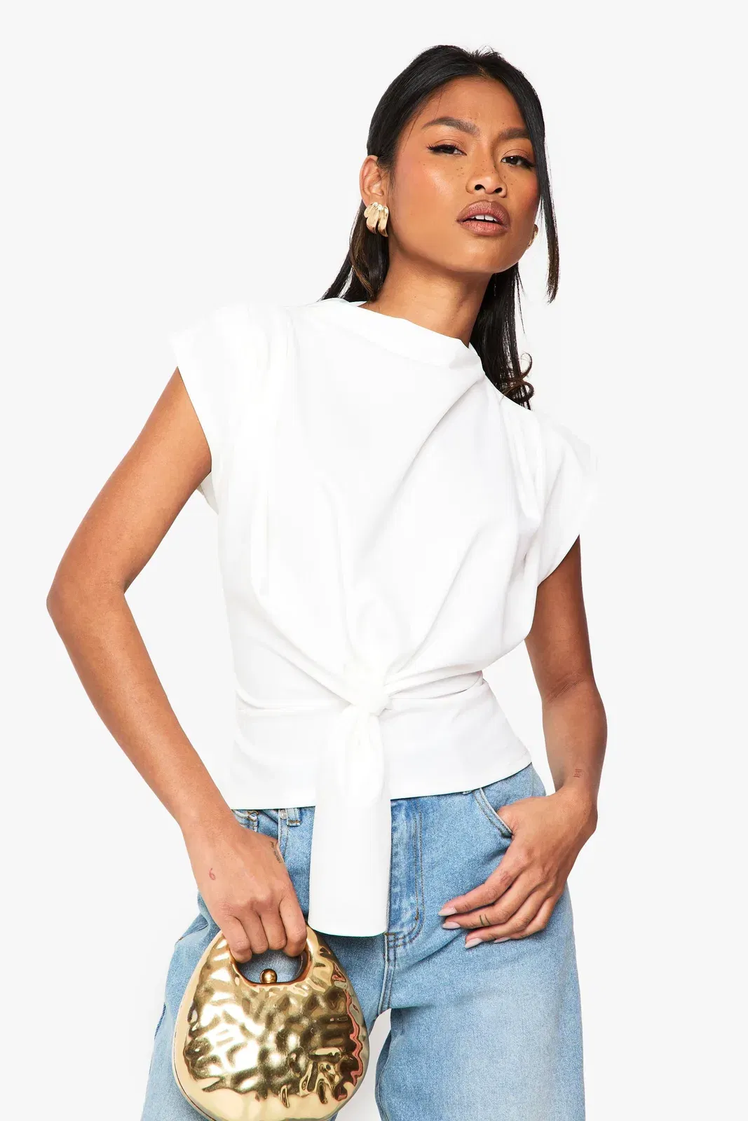 Crepe Knot Cowl Neck Blouse