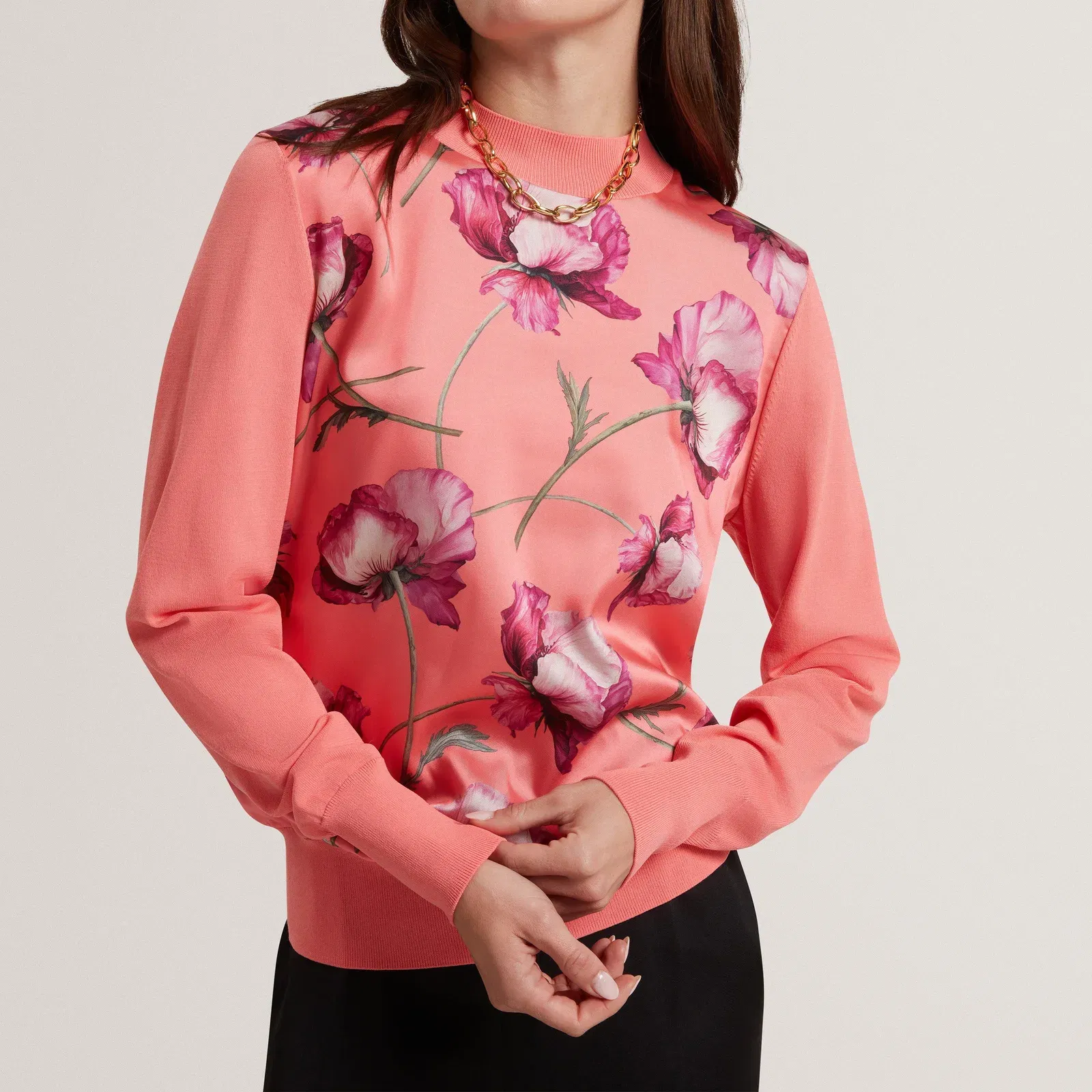 Ted Baker Botanical Print Front Long Sleeve Knit Top