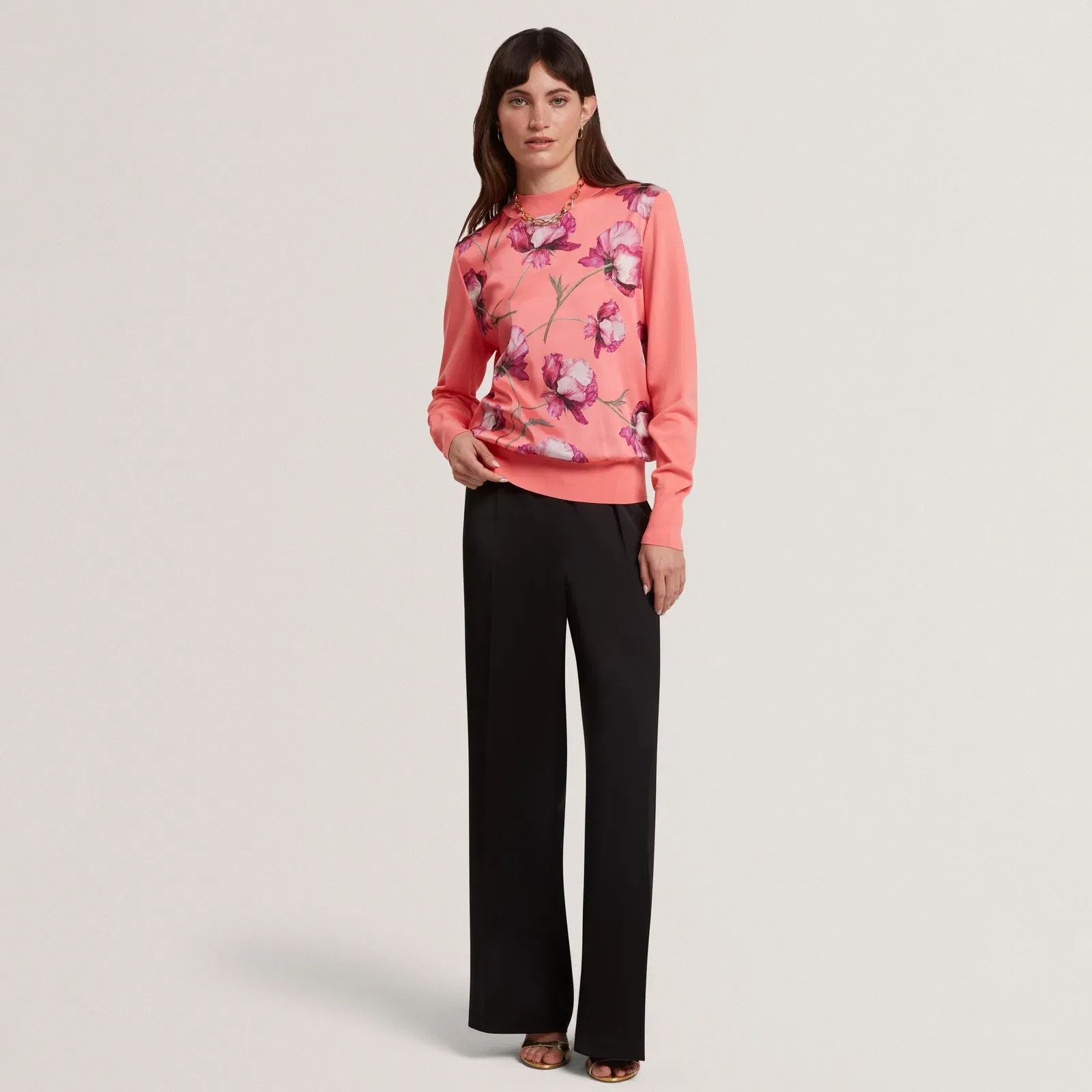 Ted Baker Botanical Print Front Long Sleeve Knit Top