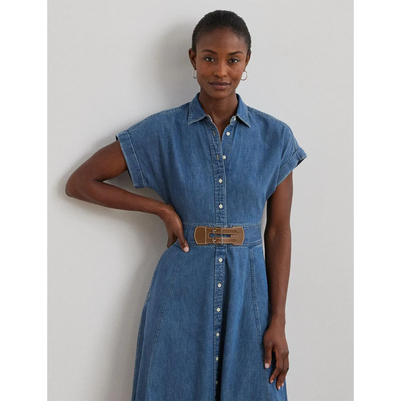 Buckle-Trim Denim Shirt Dress