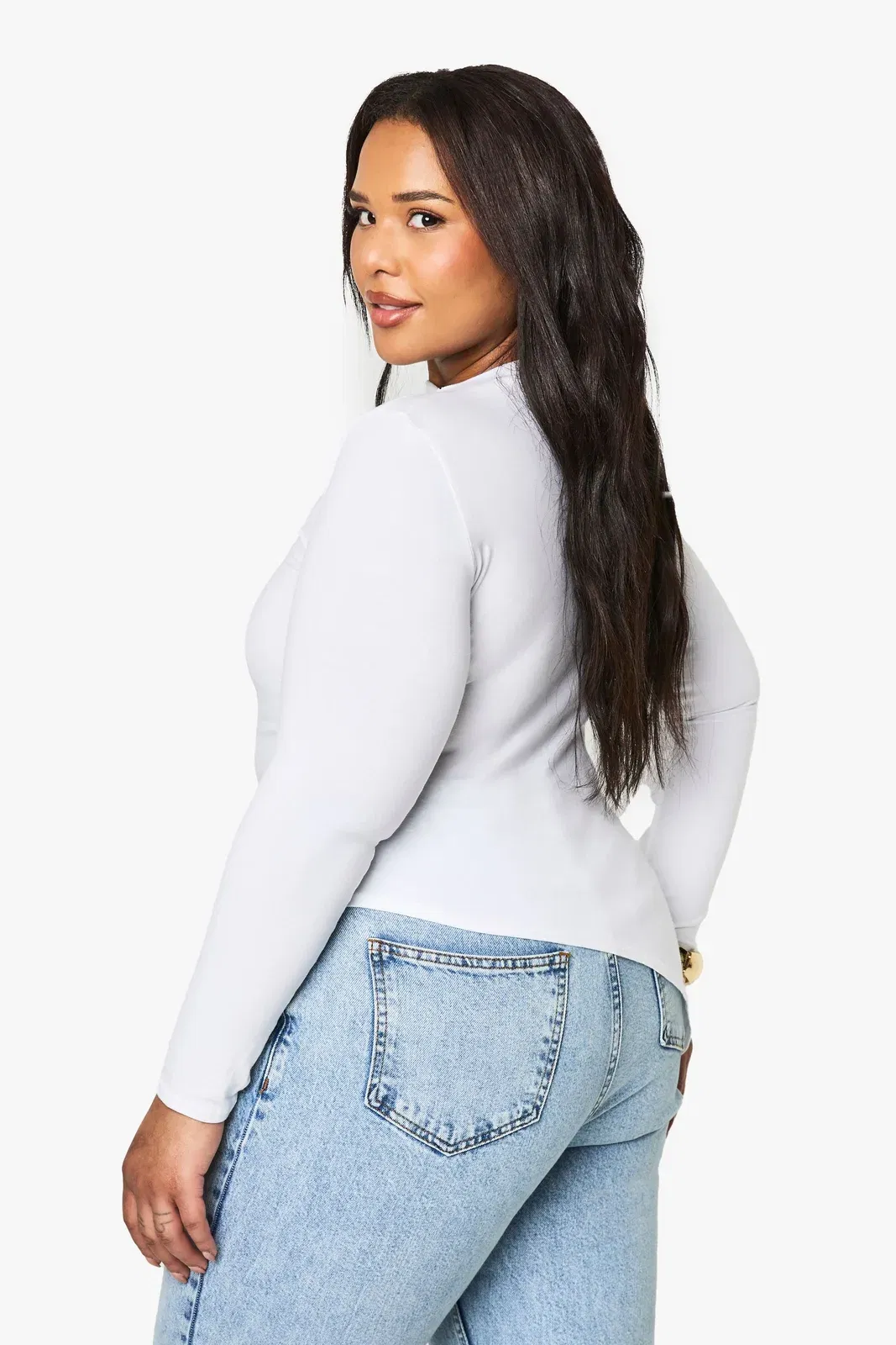 Plus Cotton Ruched Side Asymmetric Hem Long Sleeve Top