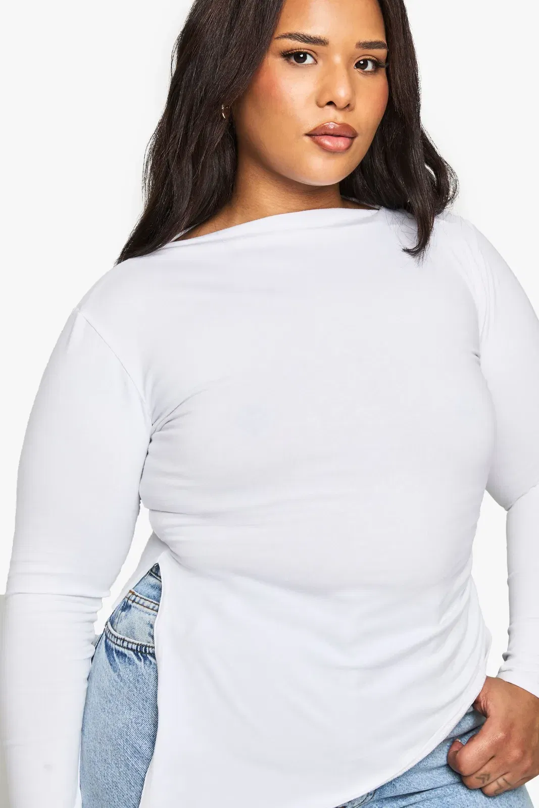 Plus Cotton Ruched Side Asymmetric Hem Long Sleeve Top