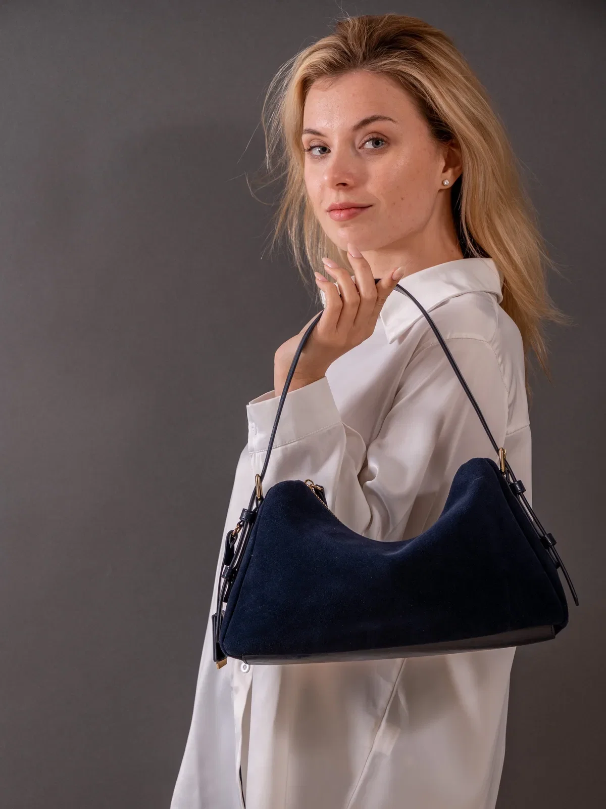Velena - Ladies Suede Leather Baguette Bag | Navy