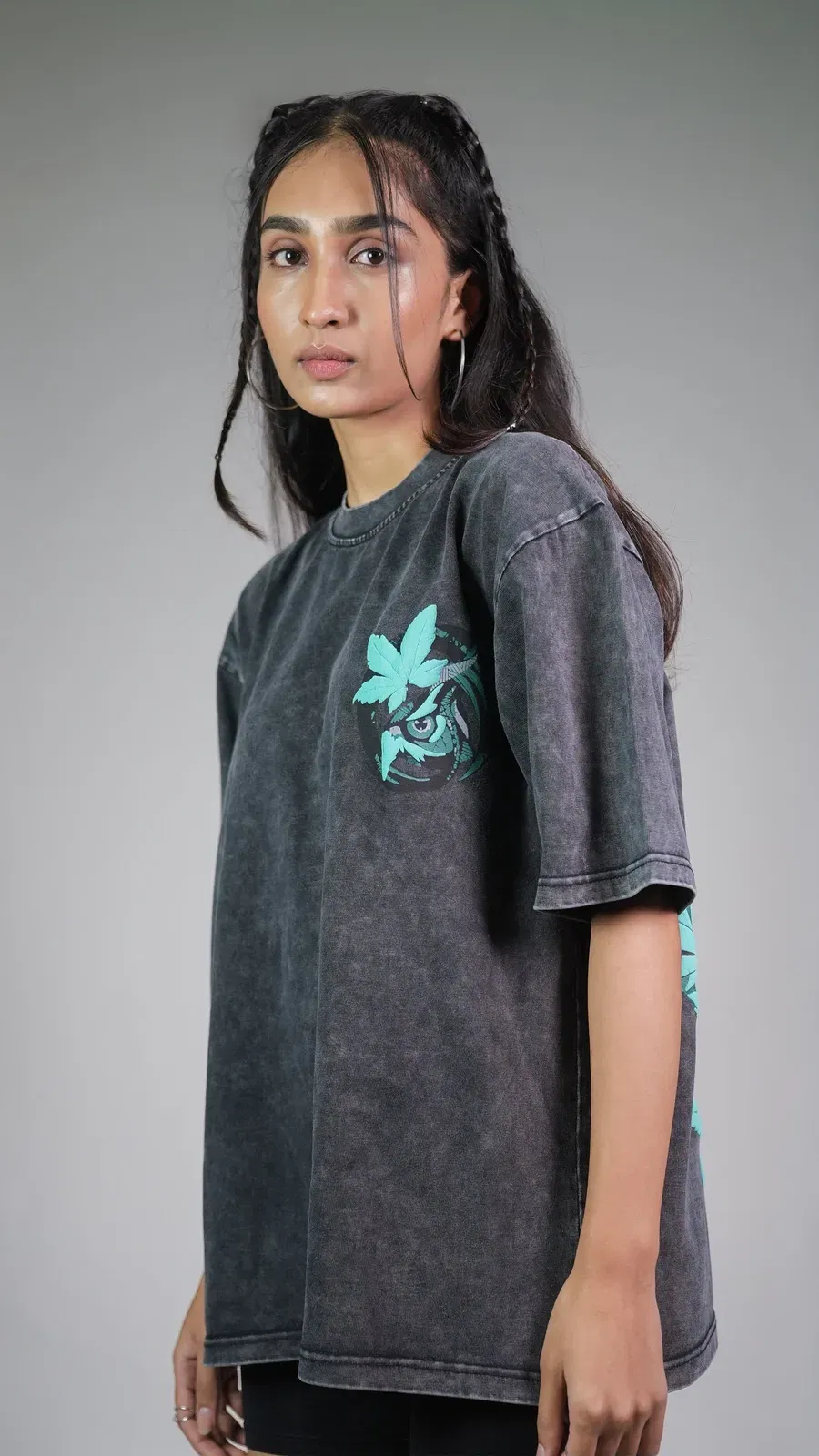OWL VISION DARK GREY ACIDWASH WOMEN’S OVERSIZED T-SHIRT