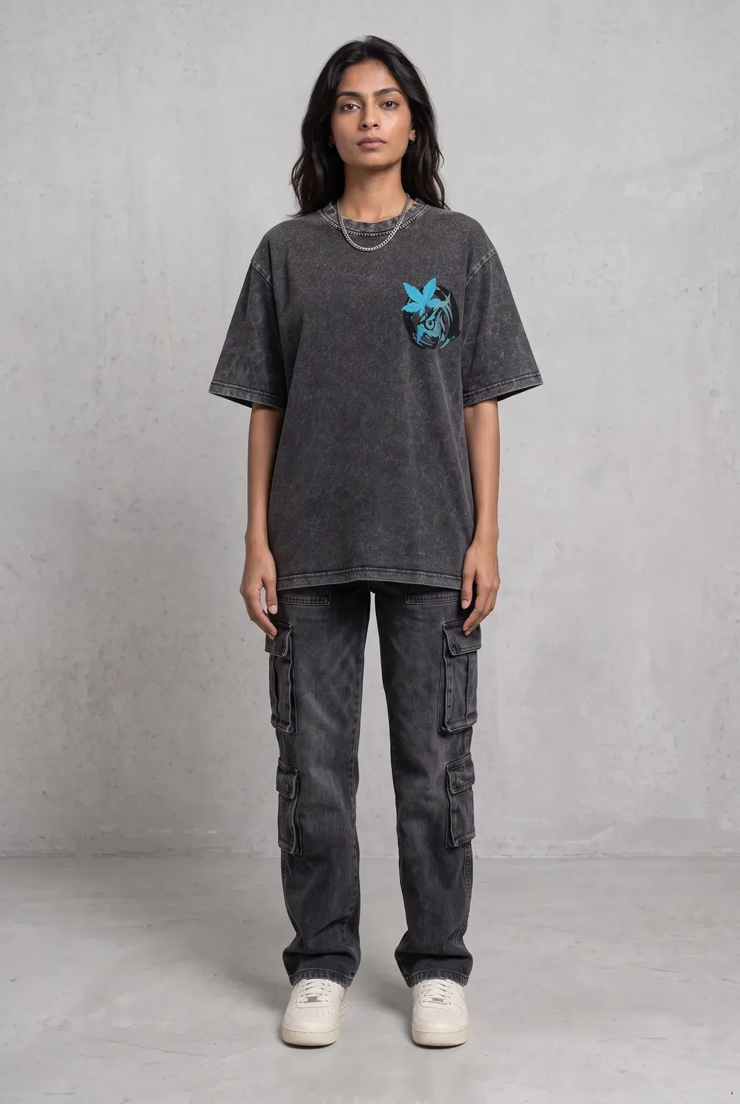 OWL VISION DARK GREY ACIDWASH WOMEN’S OVERSIZED T-SHIRT