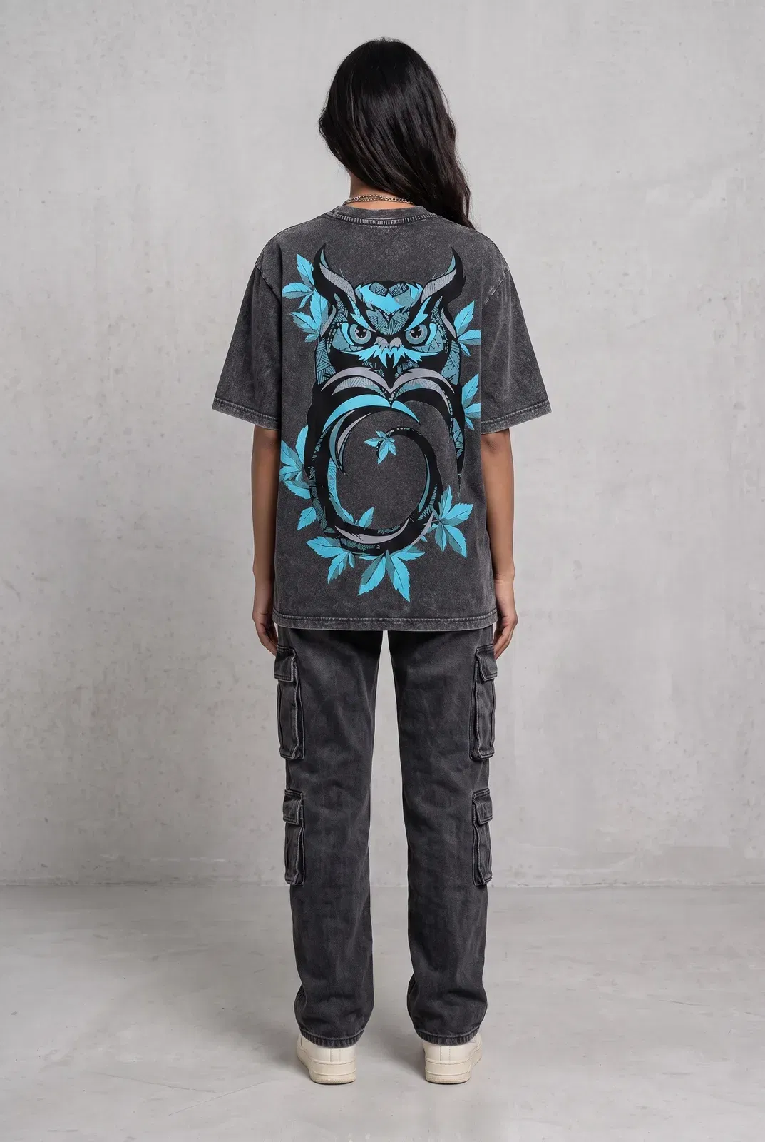 OWL VISION DARK GREY ACIDWASH WOMEN’S OVERSIZED T-SHIRT