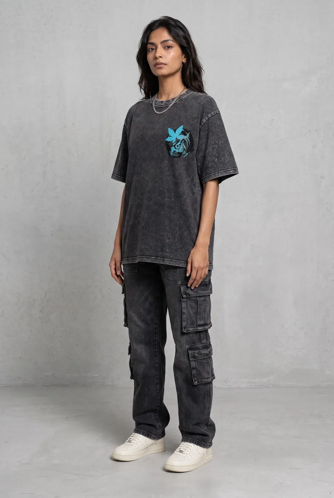 OWL VISION DARK GREY ACIDWASH WOMEN’S OVERSIZED T-SHIRT