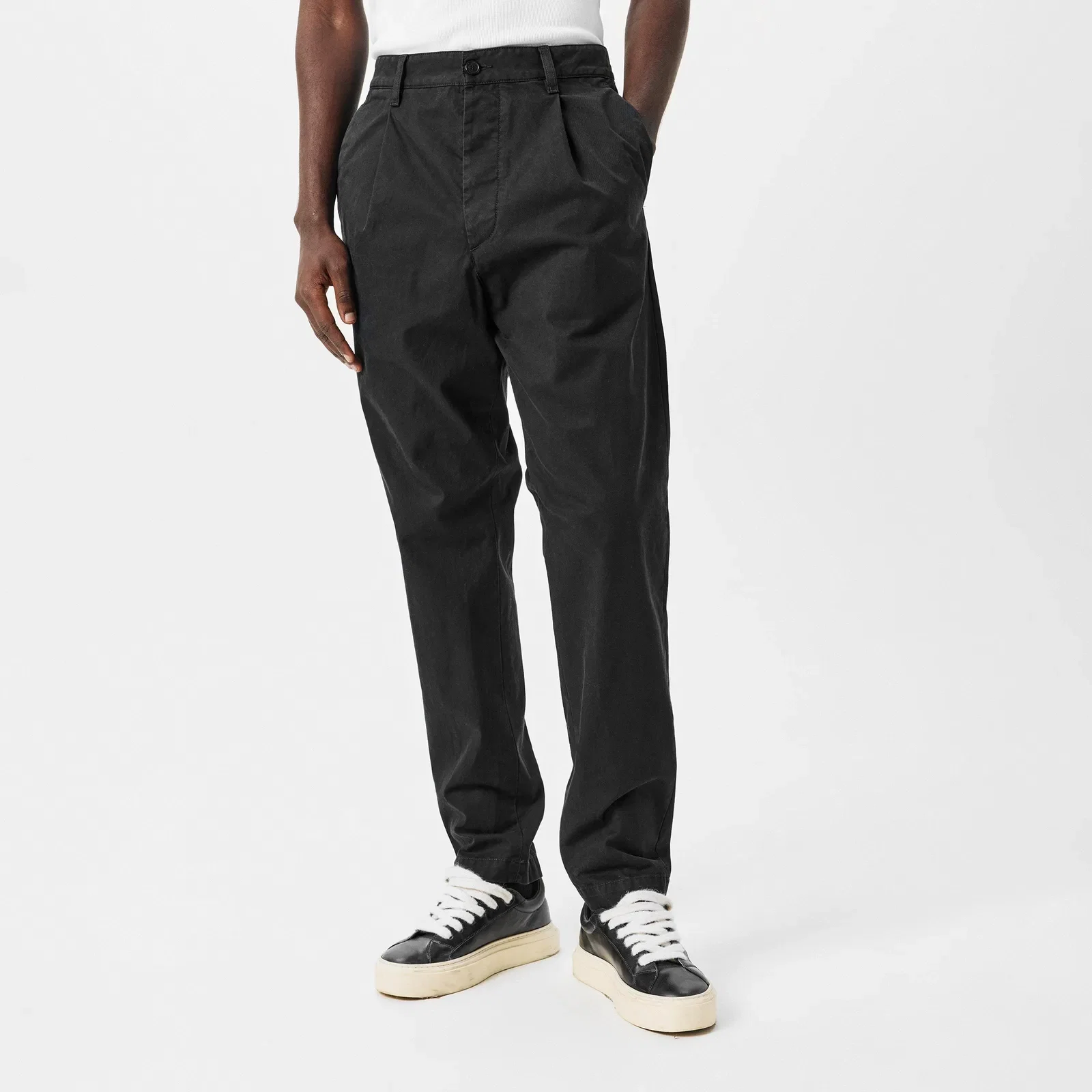 One Pleat Cotton Straight Leg Trousers