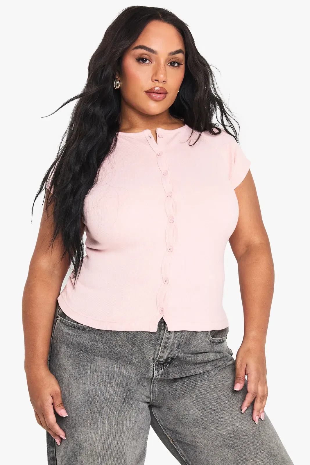 Plus Rib Button Through Cap Sleeve Top