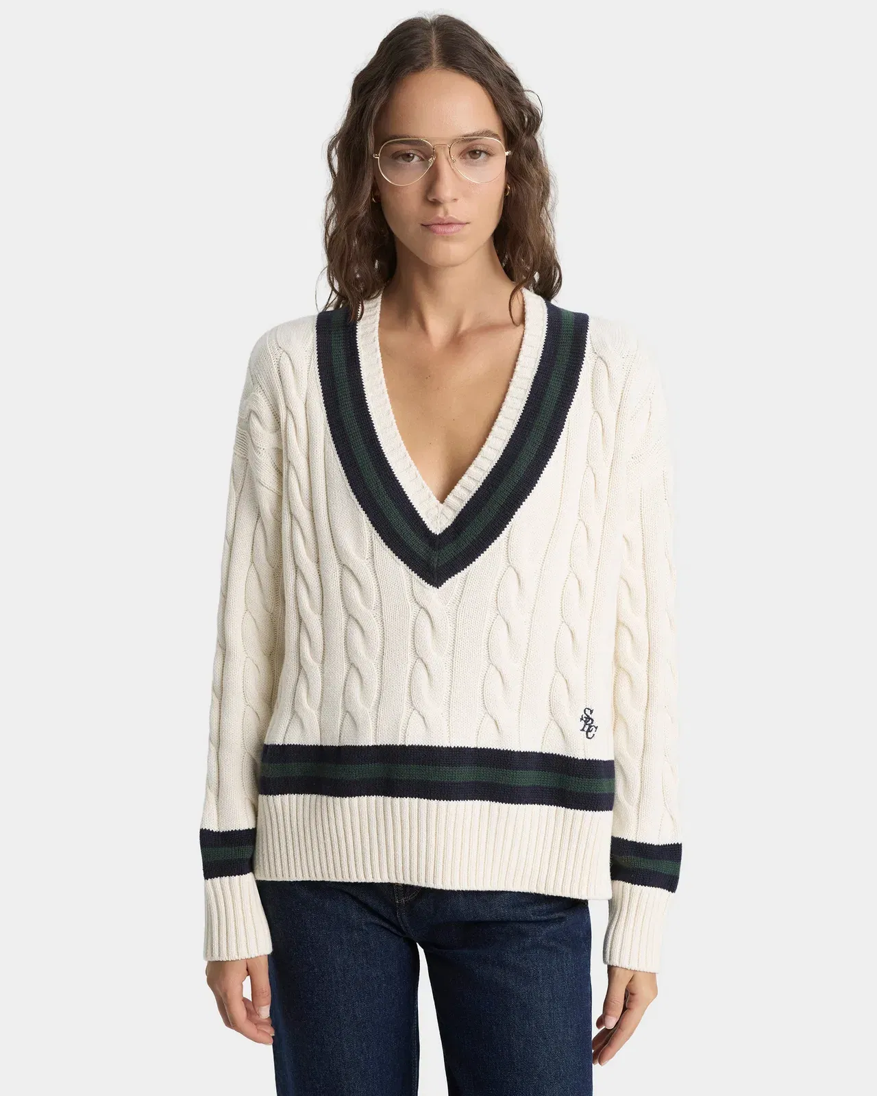 SRC Cableknit V-Neck Sweater - Ecru/Navy/Forest