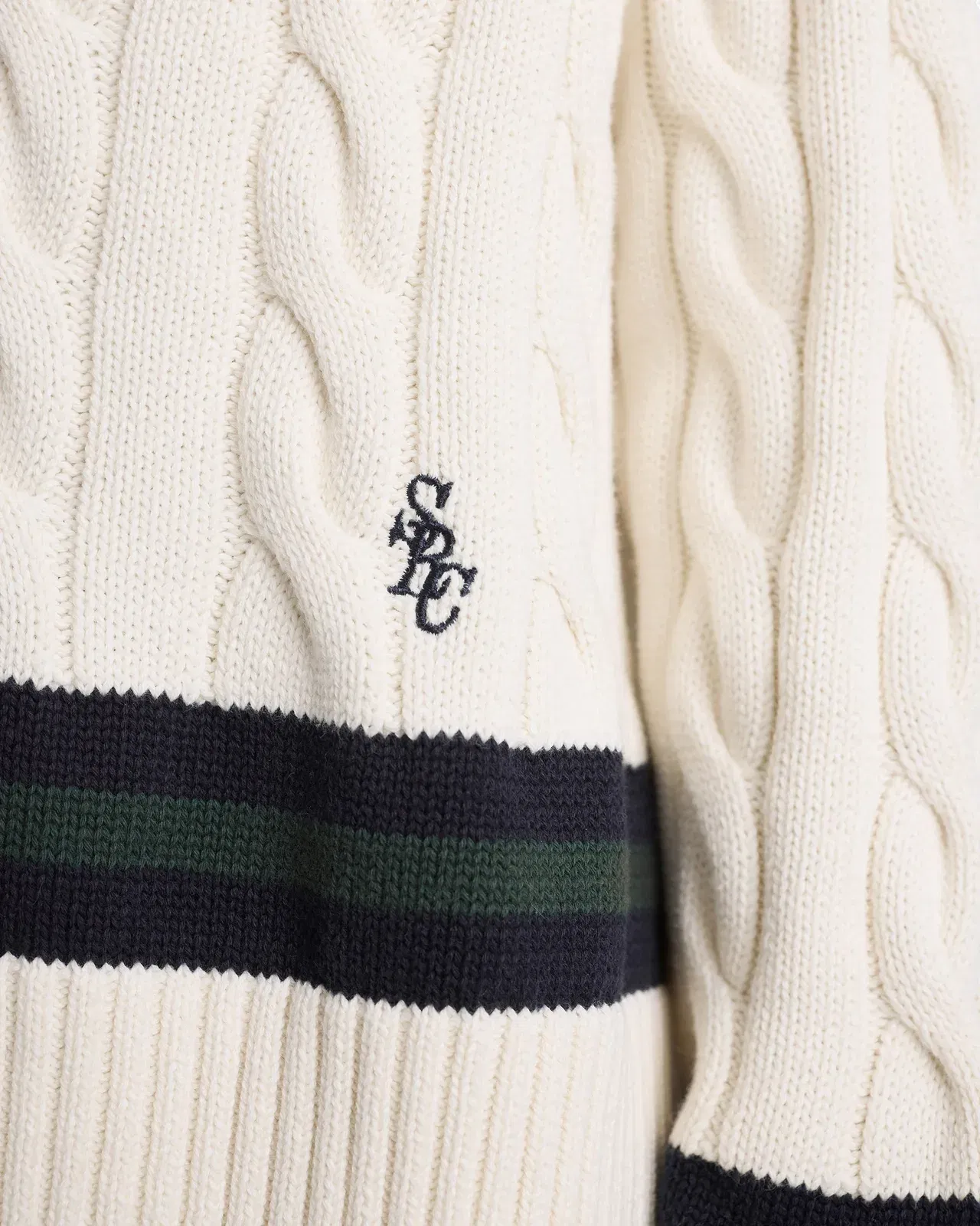 SRC Cableknit V-Neck Sweater - Ecru/Navy/Forest
