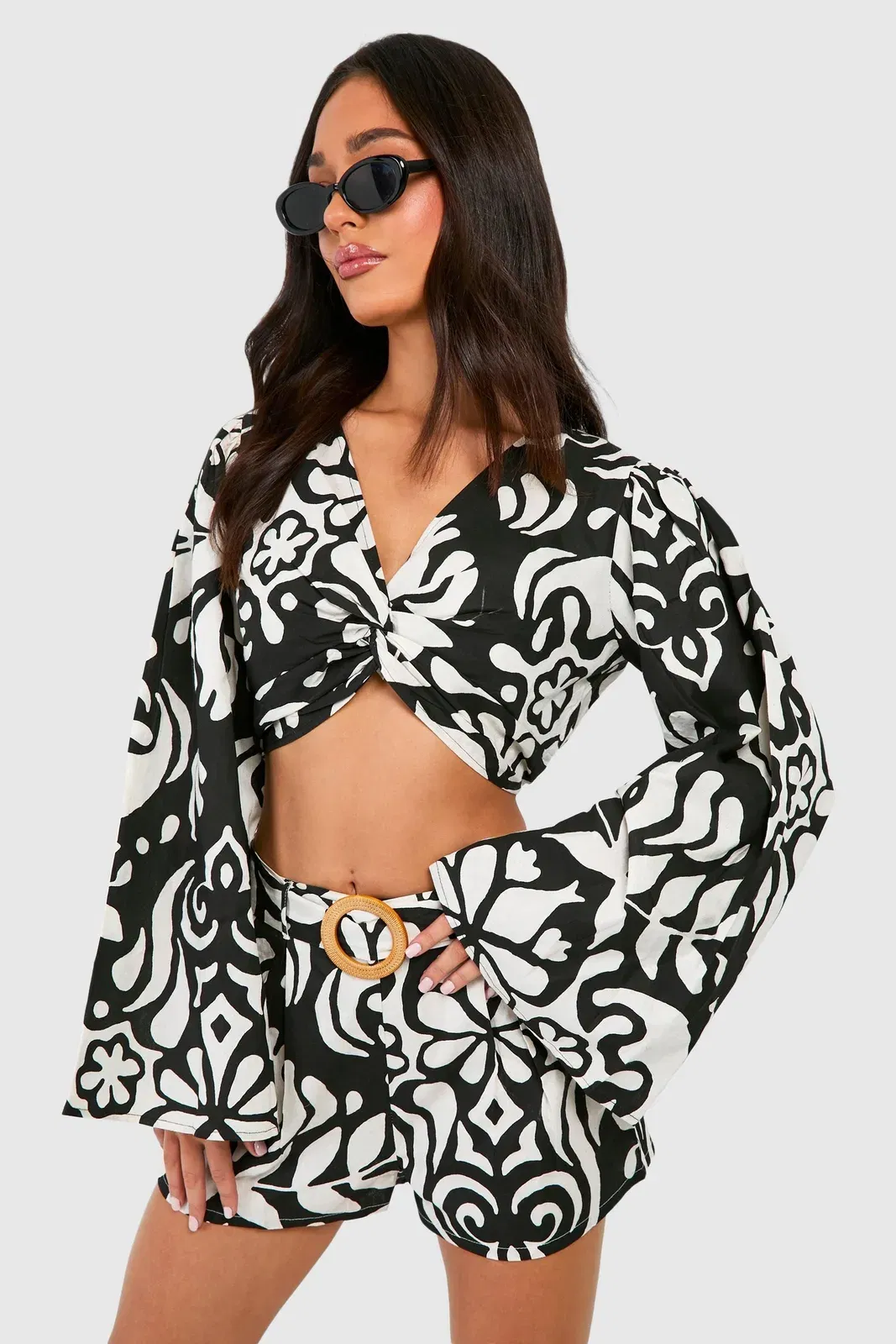 Petite Mono Print Linen Look Belted Short