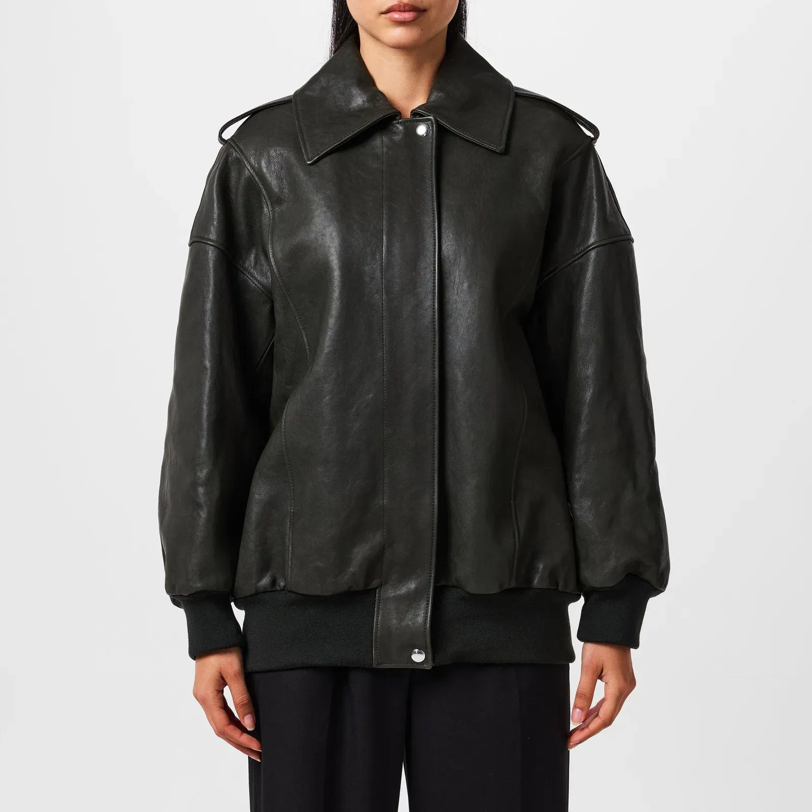 Aviator Bomber Leather Long Sleeve Oversized Fit Jacket