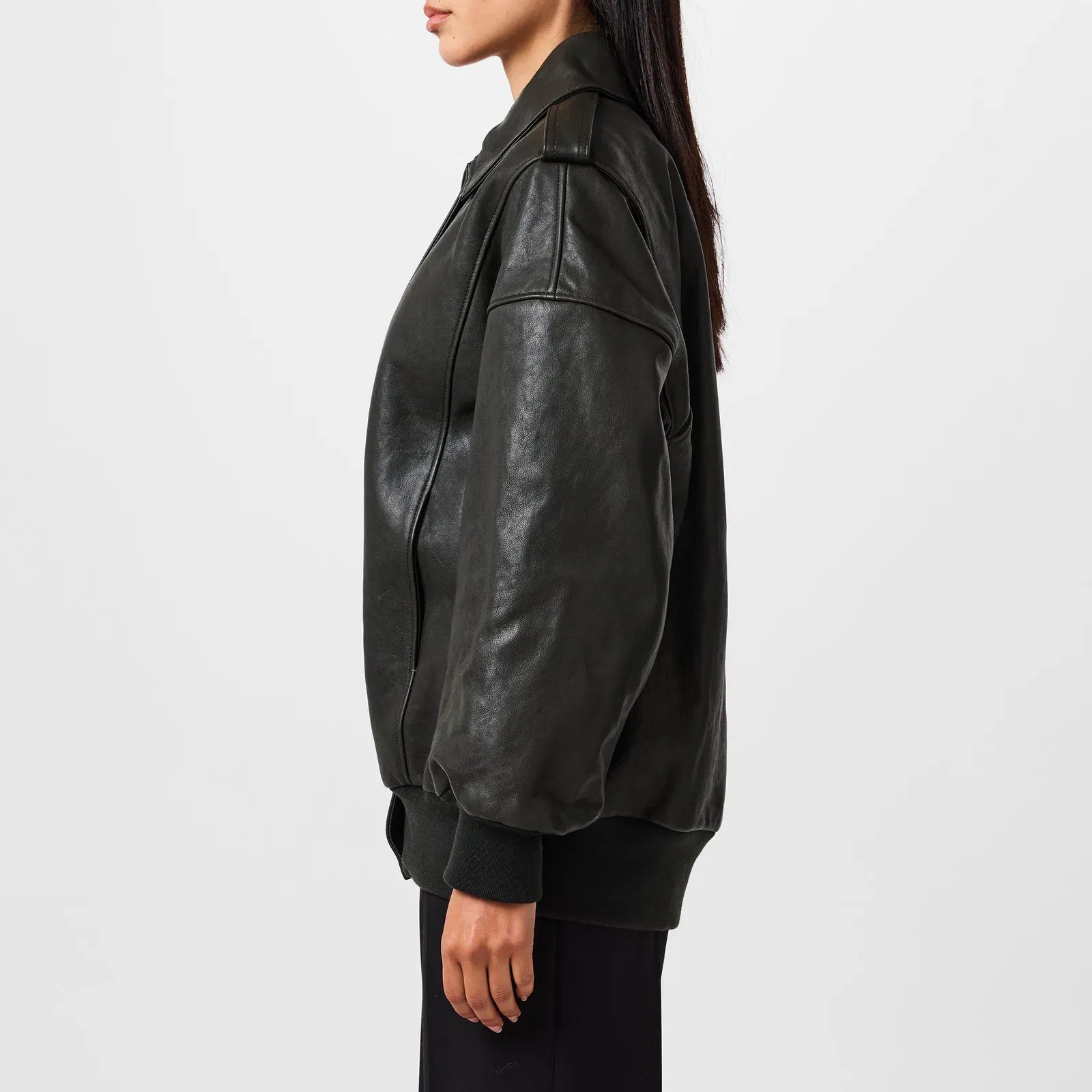 Aviator Bomber Leather Long Sleeve Oversized Fit Jacket