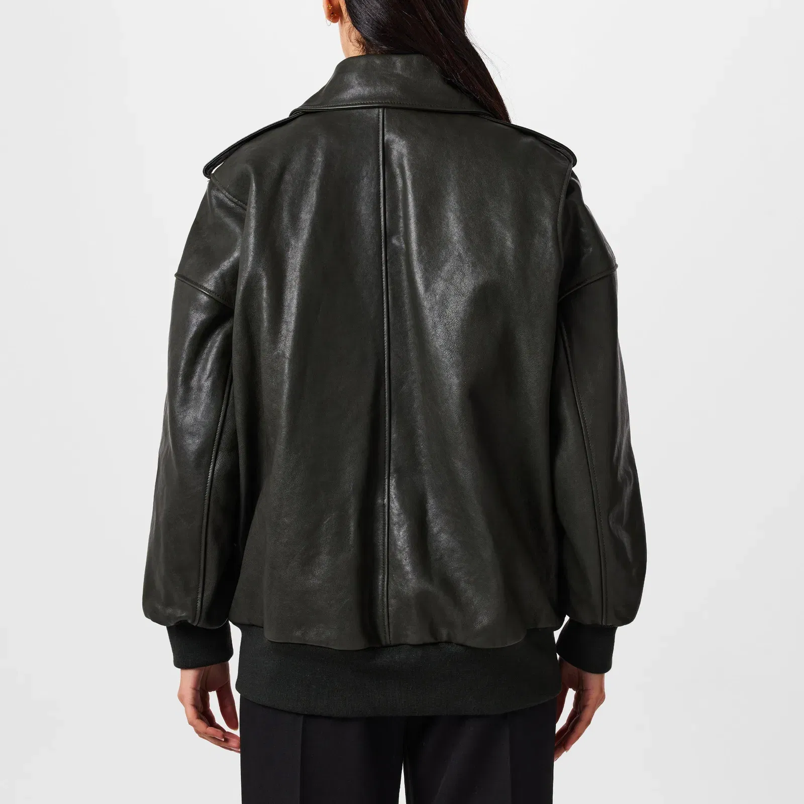 Aviator Bomber Leather Long Sleeve Oversized Fit Jacket