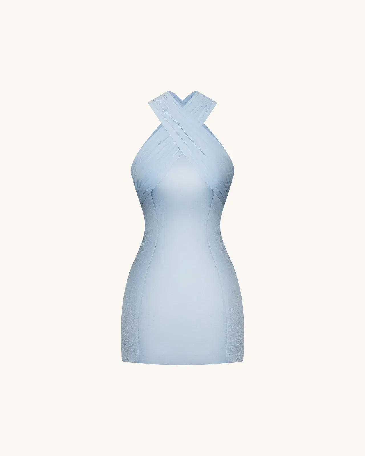 Satin Mini Dress with Tulle Cross-Halter - Blue