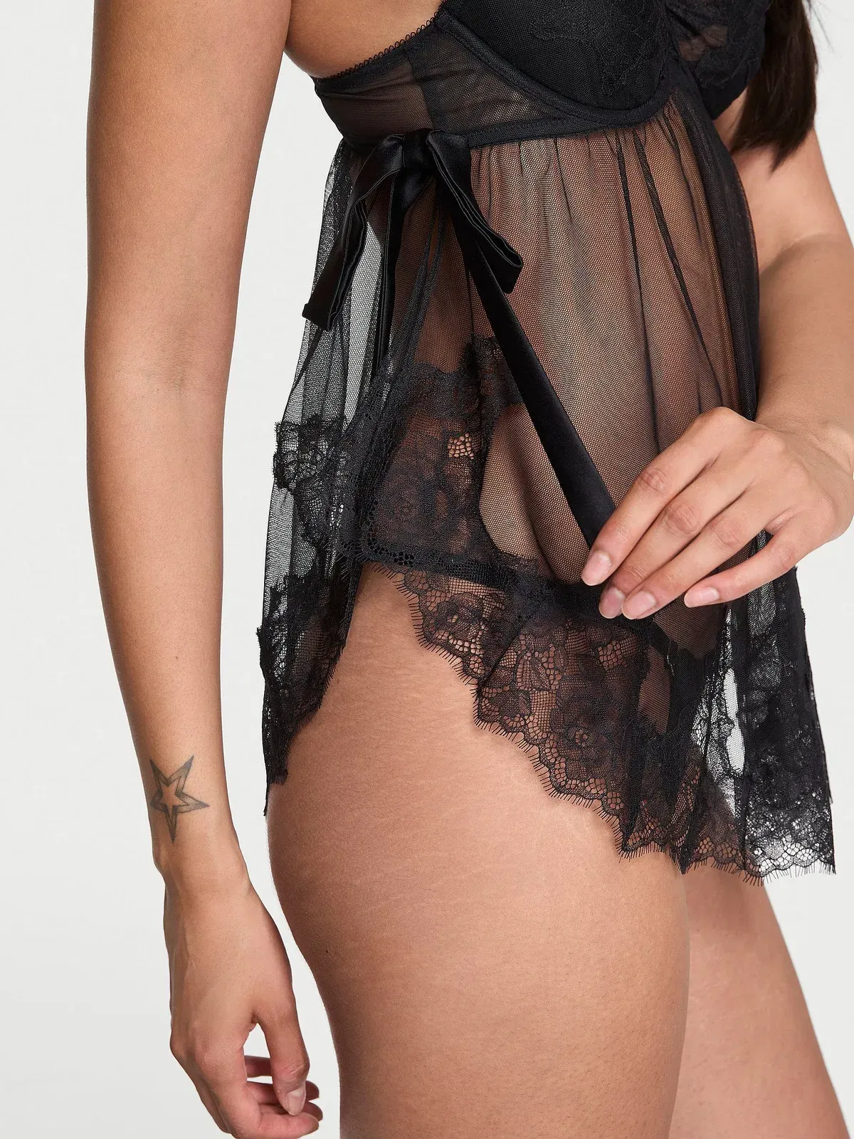 Wicked Sheer Unlined Lace-Trim Babydoll Set